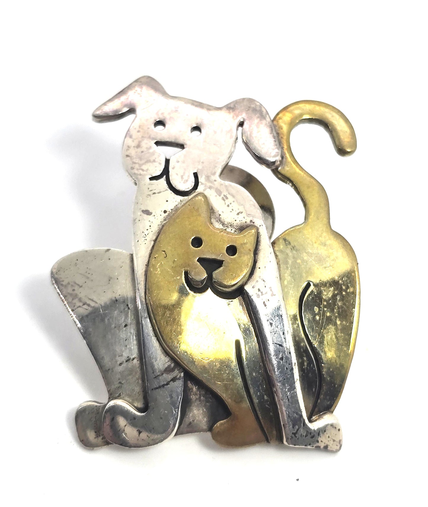 Far Fetched cat and dog signed sterling silver mixed metal pin back brooch
