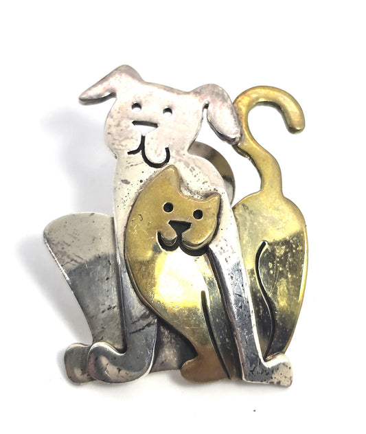 Far Fetched cat and dog signed sterling silver mixed metal pin back brooch