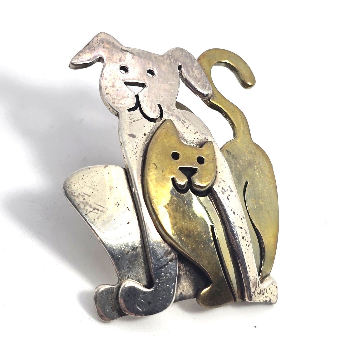 Far Fetched cat and dog signed sterling silver mixed metal pin back brooch