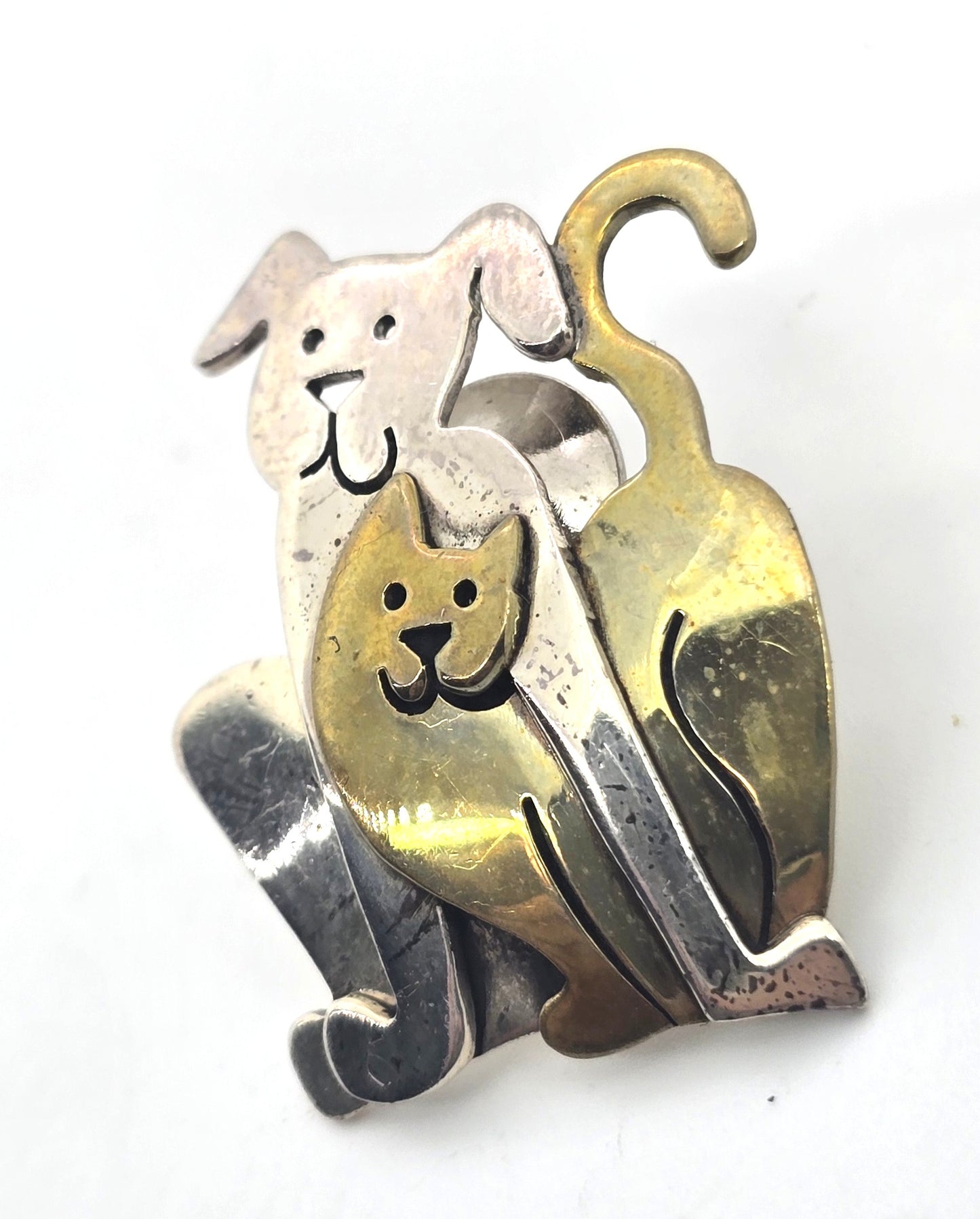 Far Fetched cat and dog signed sterling silver mixed metal pin back brooch