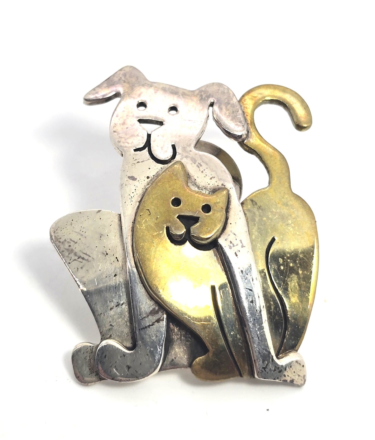 Far Fetched cat and dog signed sterling silver mixed metal pin back brooch