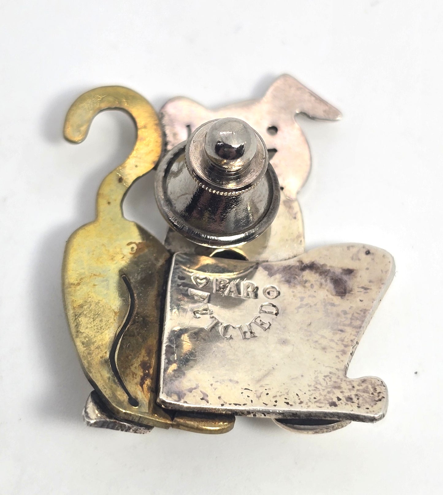 Far Fetched cat and dog signed sterling silver mixed metal pin back brooch