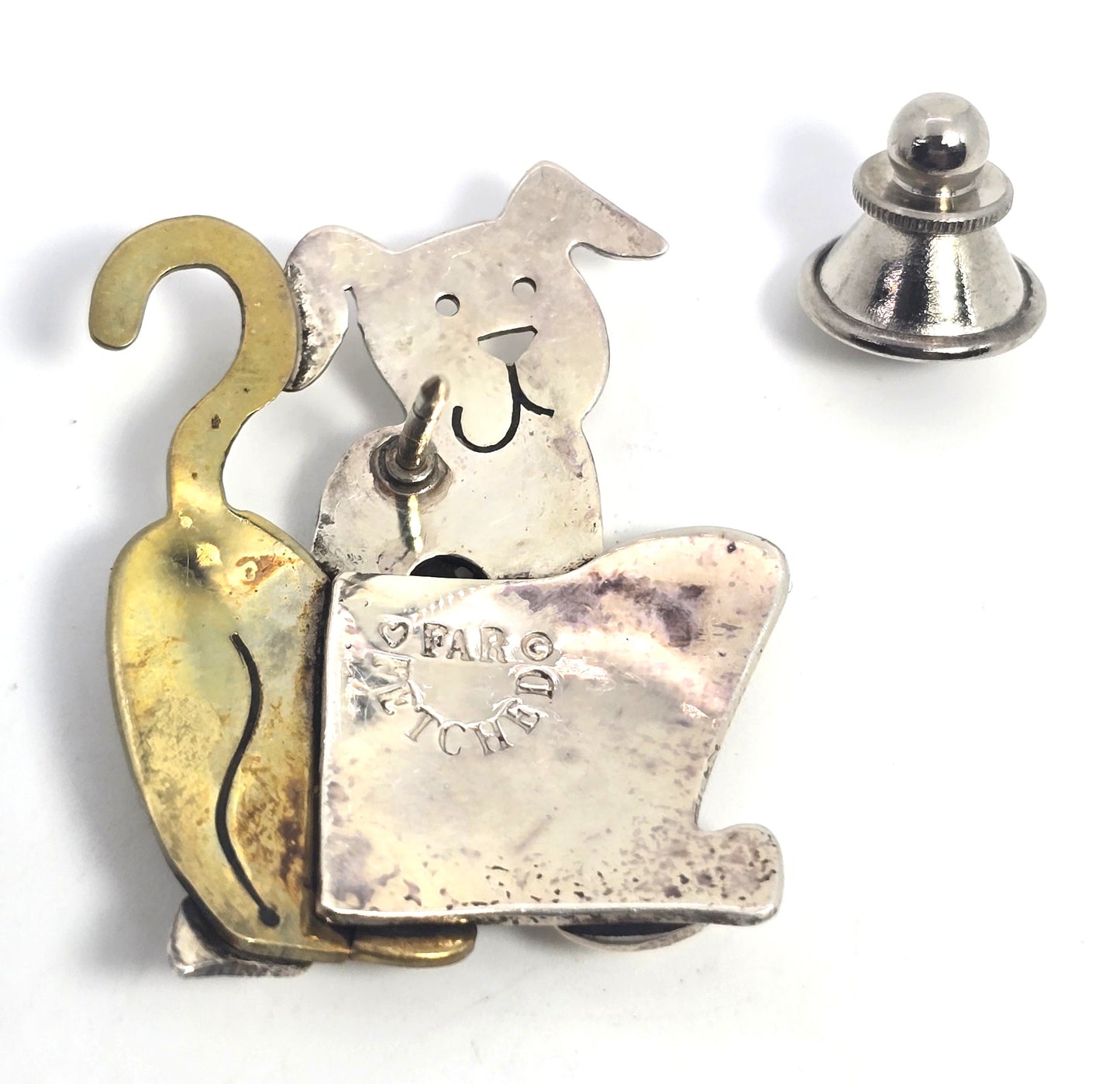 Far Fetched cat and dog signed sterling silver mixed metal pin back brooch