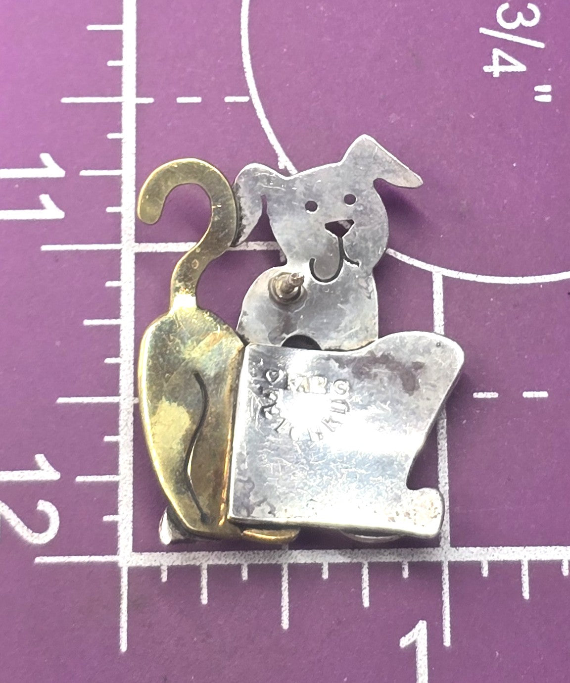 Far Fetched cat and dog signed sterling silver mixed metal pin back brooch