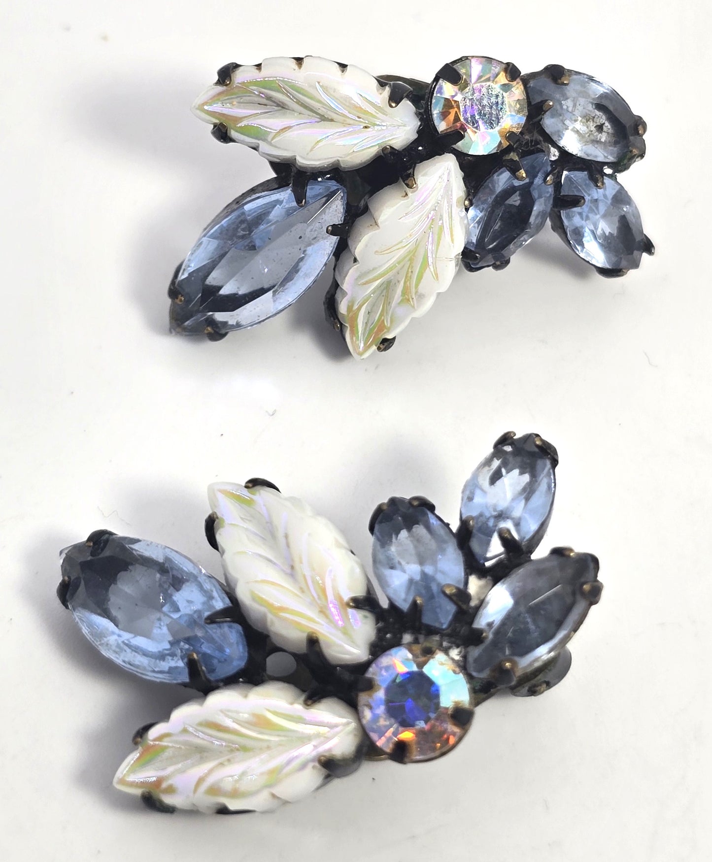 Molded glass leaf blue aurora borealis rhinestone vintage japanned clip on earrings