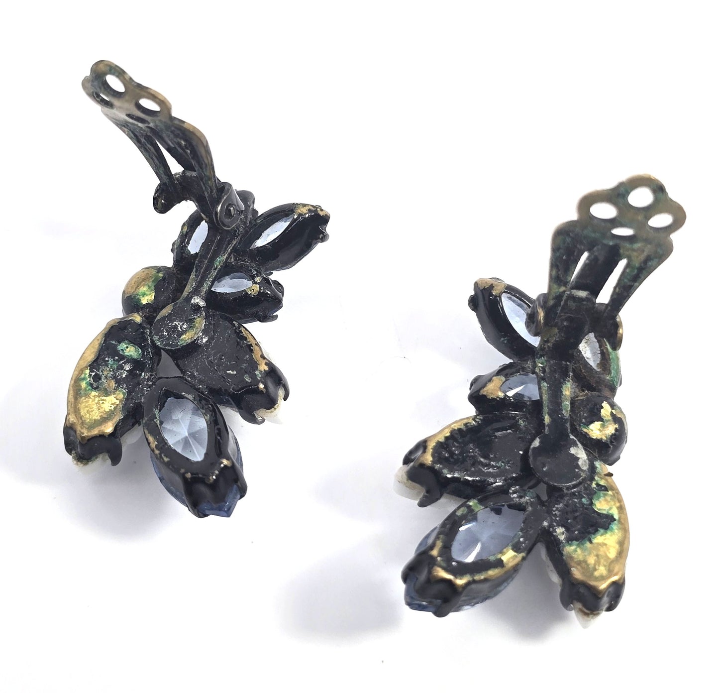 Molded glass leaf blue aurora borealis rhinestone vintage japanned clip on earrings