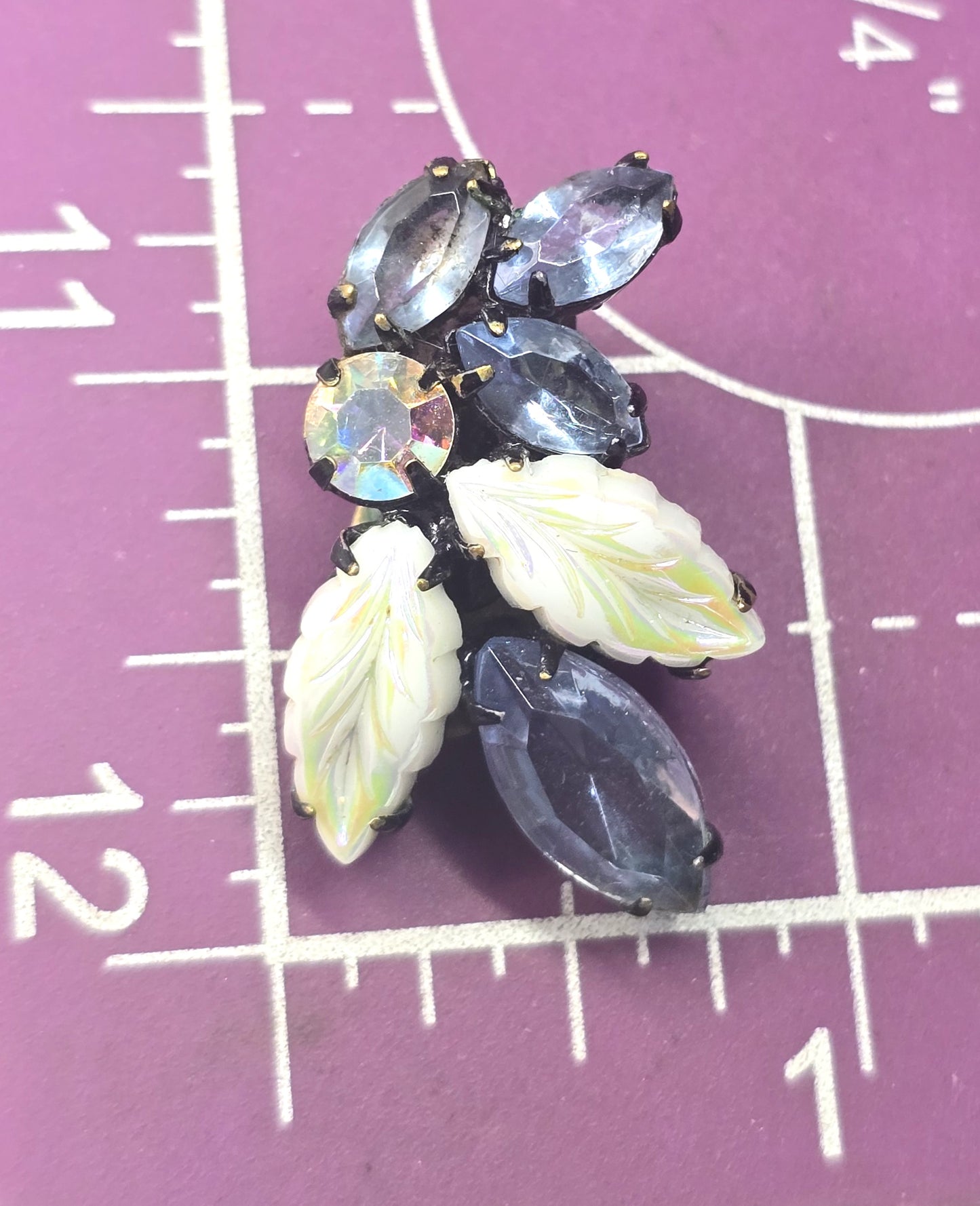 Molded glass leaf blue aurora borealis rhinestone vintage japanned clip on earrings