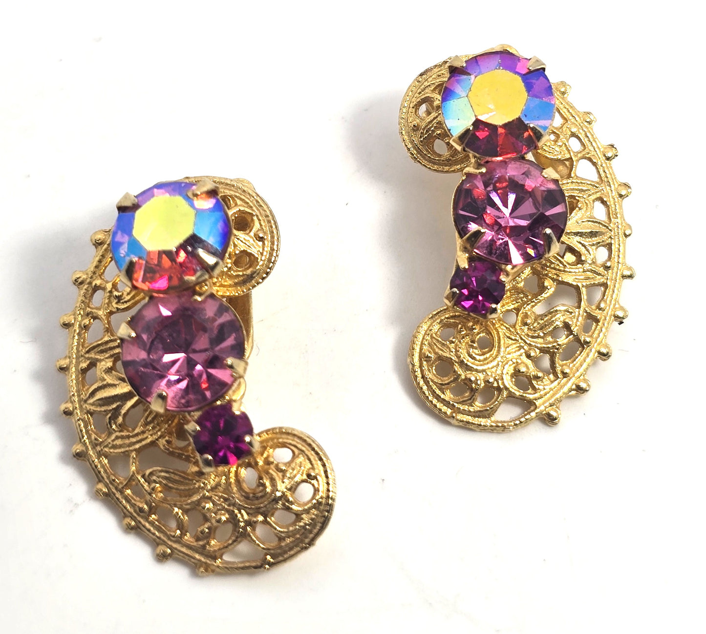 Rainbow Crescent filigree Aurora Borealis AB prong set vintage rhinestone earrings