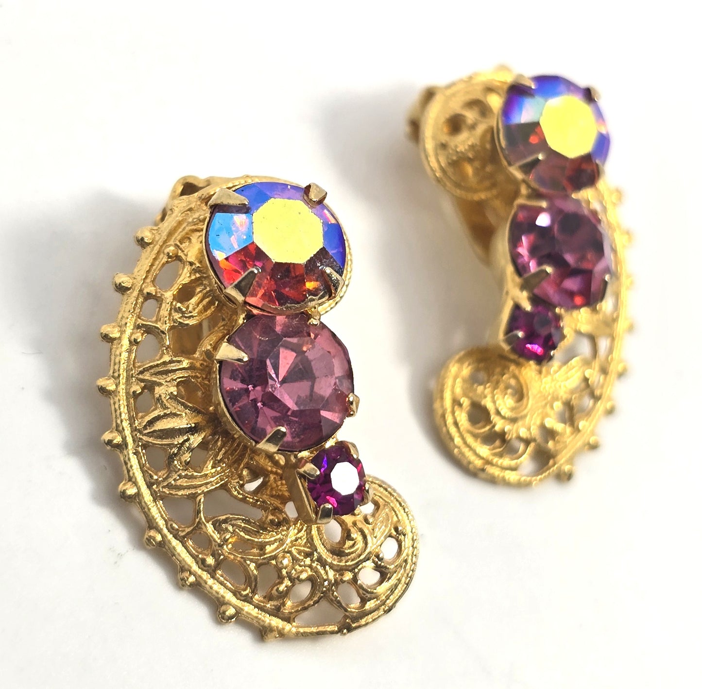 Rainbow Crescent filigree Aurora Borealis AB prong set vintage rhinestone earrings