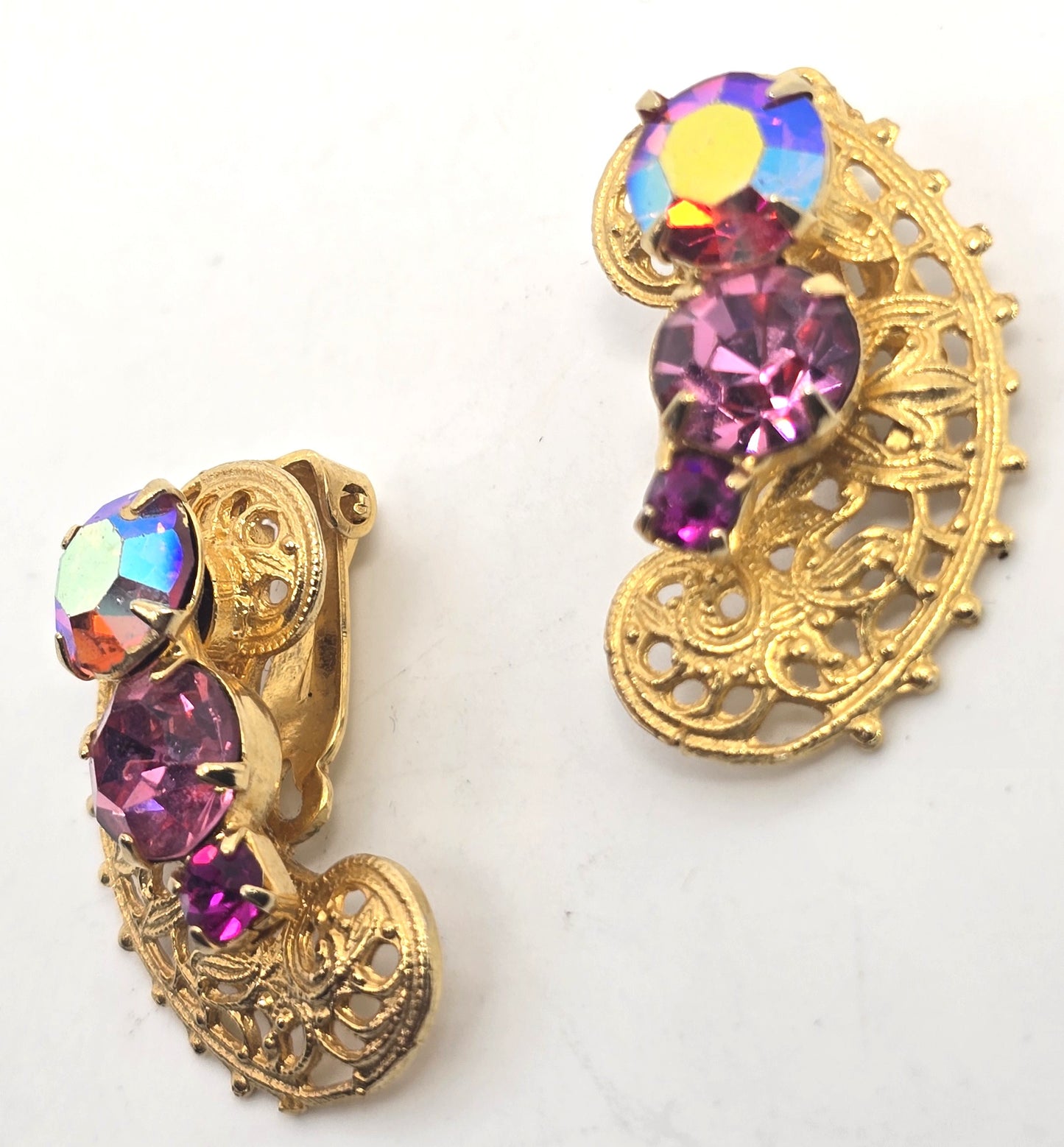 Rainbow Crescent filigree Aurora Borealis AB prong set vintage rhinestone earrings