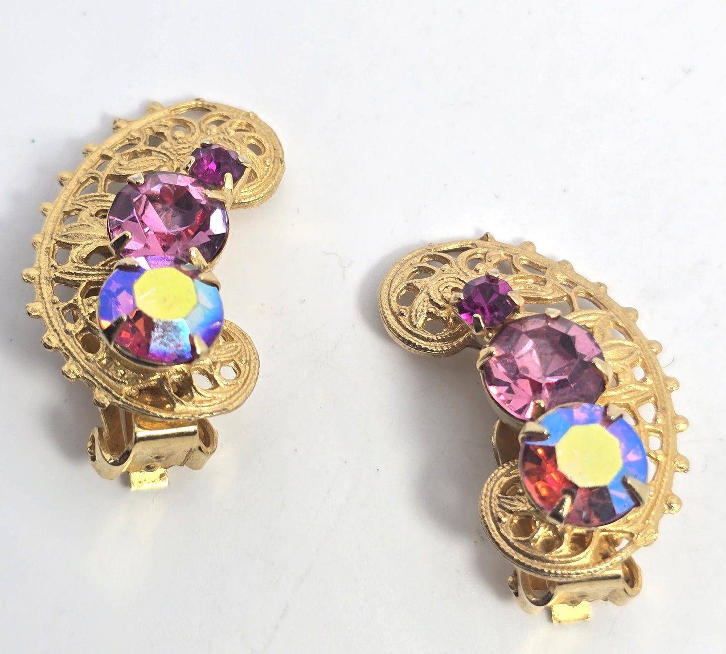 Rainbow Crescent filigree Aurora Borealis AB prong set vintage rhinestone earrings