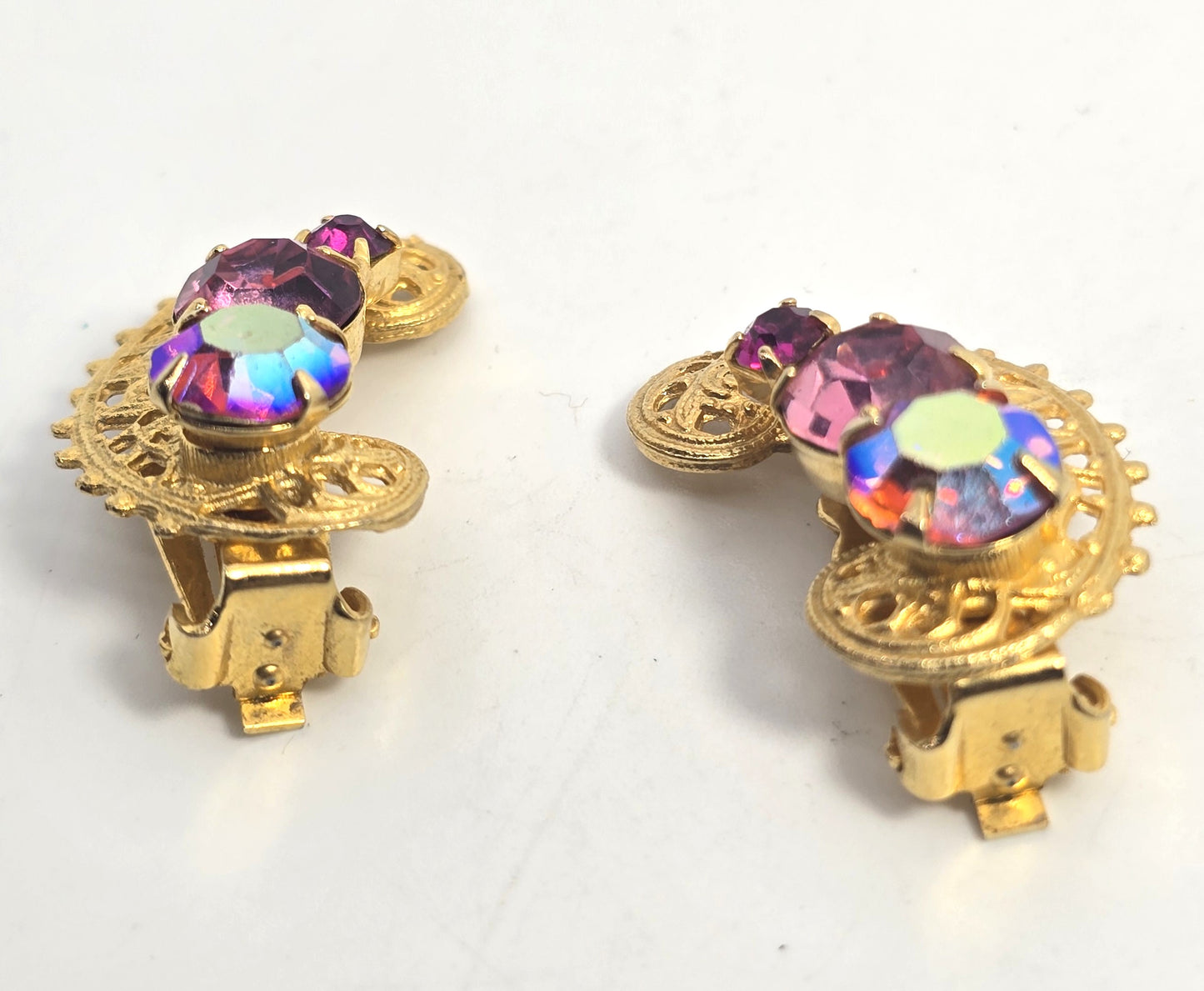 Rainbow Crescent filigree Aurora Borealis AB prong set vintage rhinestone earrings