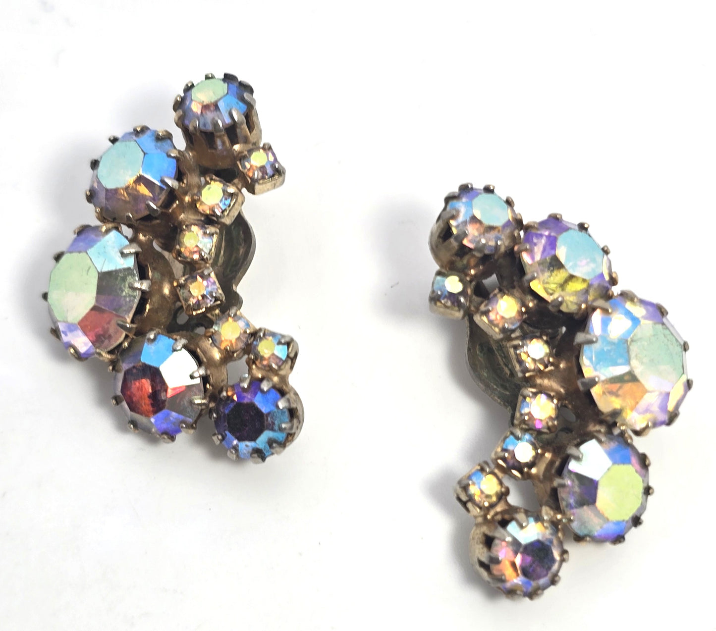Rainbow Crescent Aurora Borealis AB Graduated vintage rhinestone clip earrings