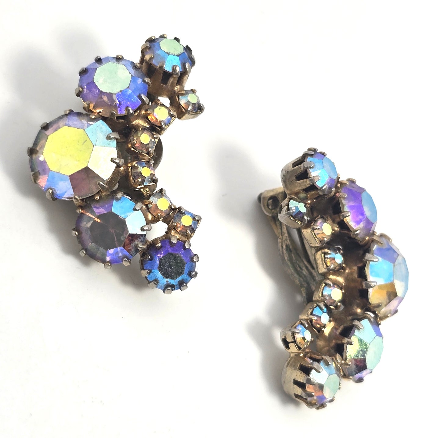 Rainbow Crescent Aurora Borealis AB Graduated vintage rhinestone clip earrings