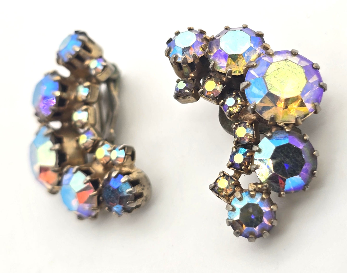 Rainbow Crescent Aurora Borealis AB Graduated vintage rhinestone clip earrings