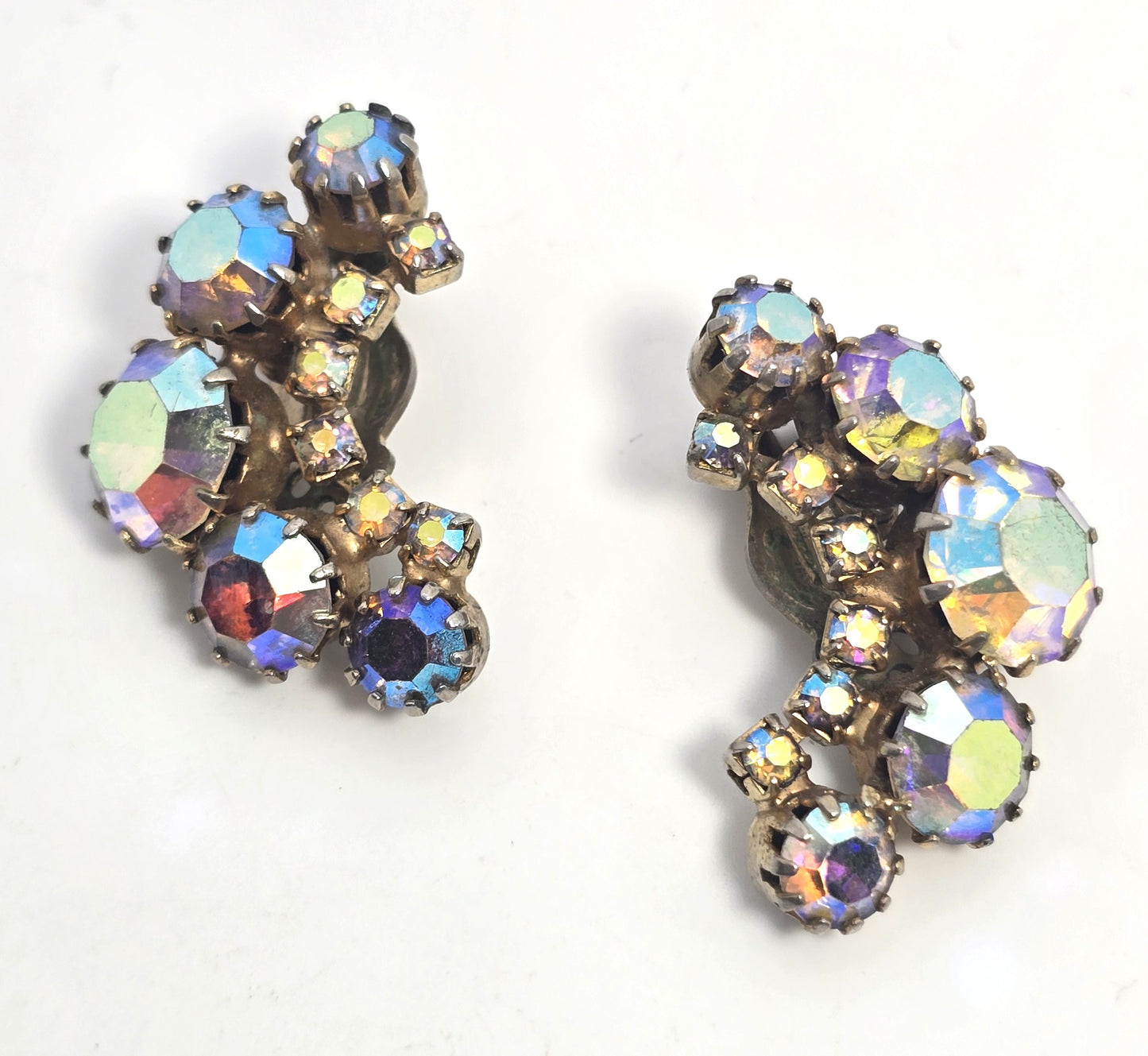 Rainbow Crescent Aurora Borealis AB Graduated vintage rhinestone clip earrings