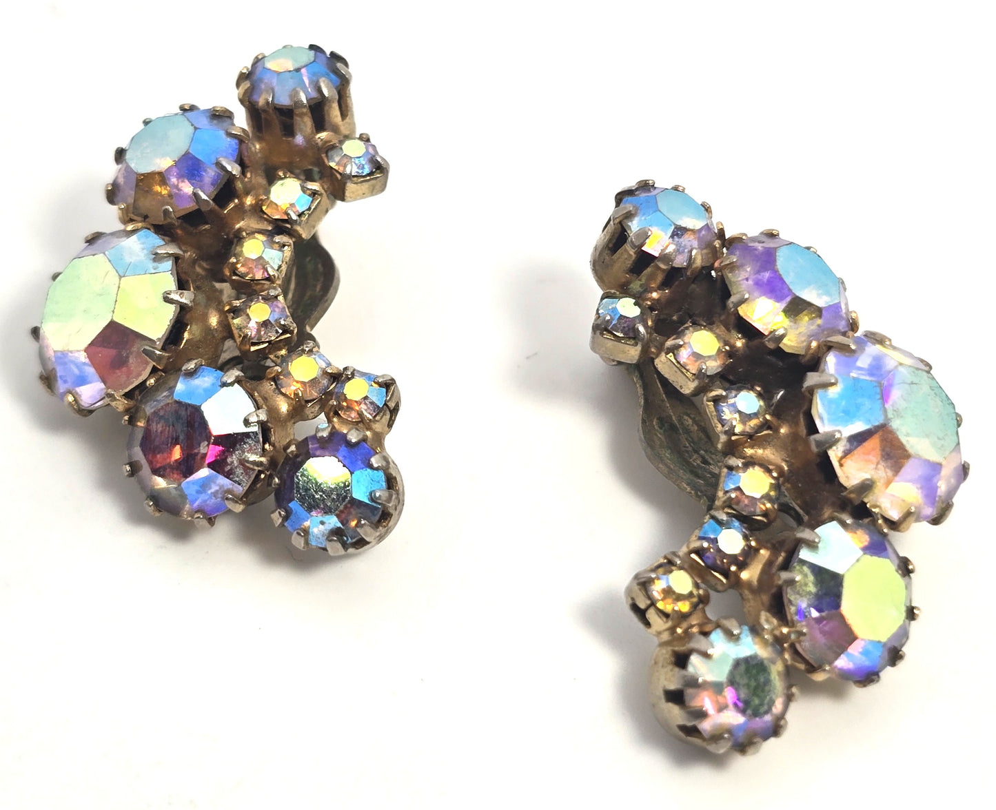 Rainbow Crescent Aurora Borealis AB Graduated vintage rhinestone clip earrings