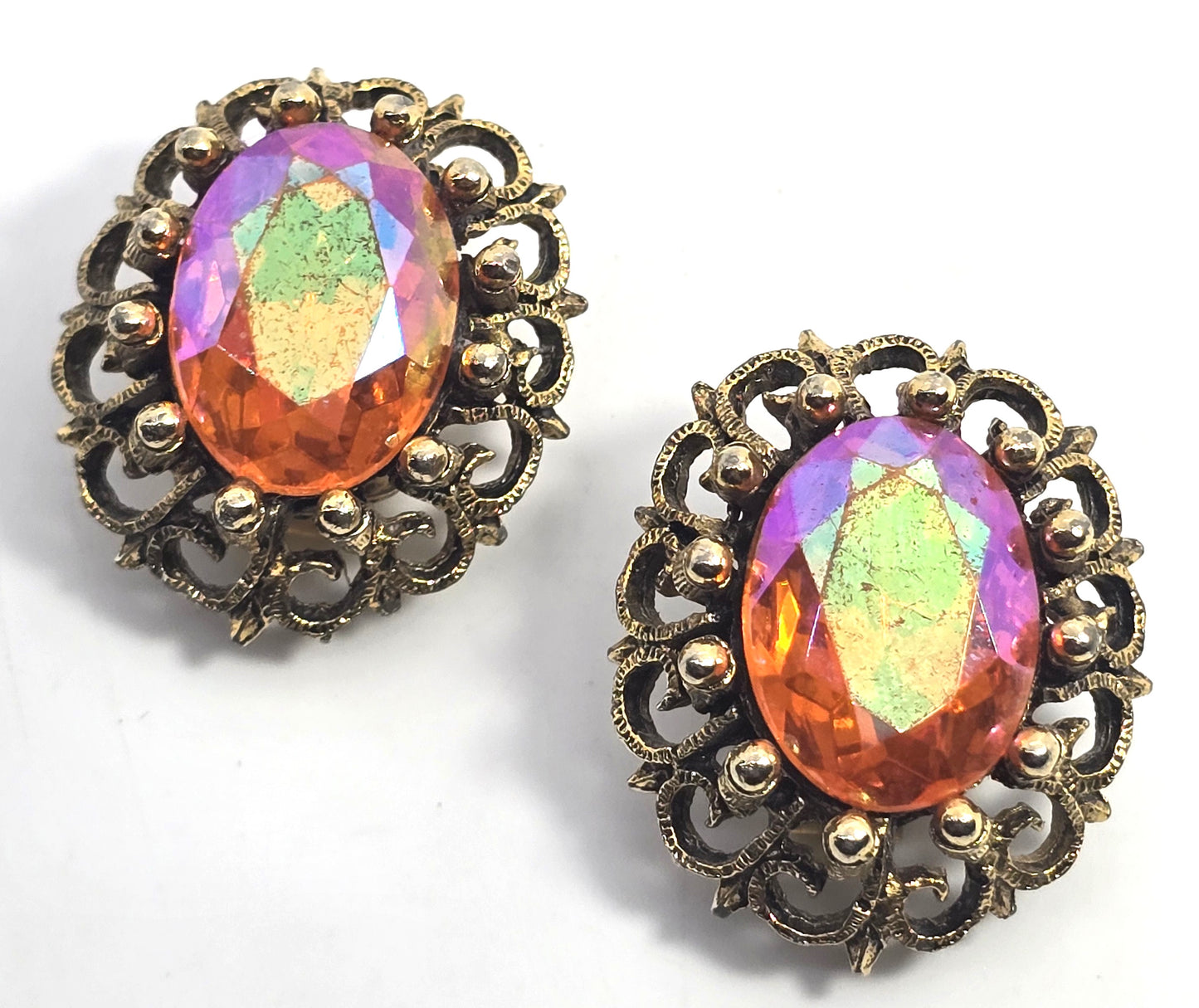 Hobe pink orange Aurora Borealis AB gold toned vintage rhinestone earrings