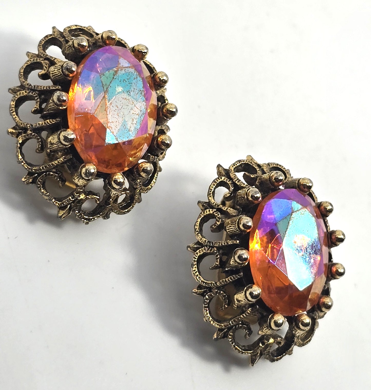 Hobe pink orange Aurora Borealis AB gold toned vintage rhinestone earrings
