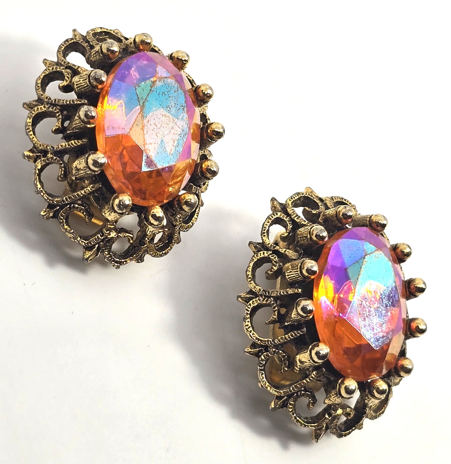 Hobe pink orange Aurora Borealis AB gold toned vintage rhinestone earrings