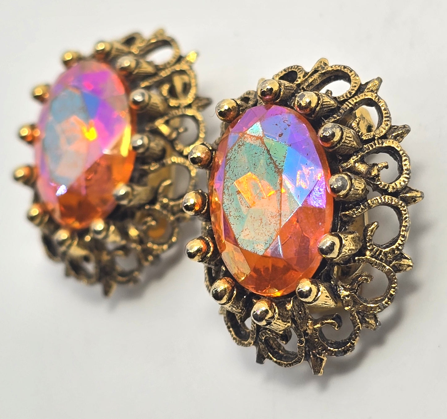 Hobe pink orange Aurora Borealis AB gold toned vintage rhinestone earrings