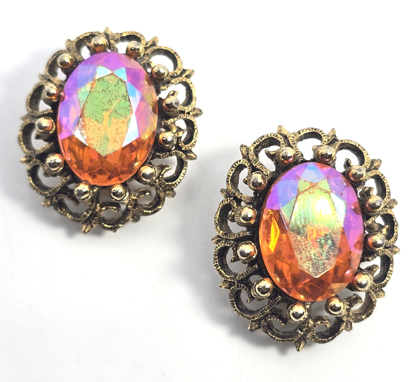 Hobe pink orange Aurora Borealis AB gold toned vintage rhinestone earrings