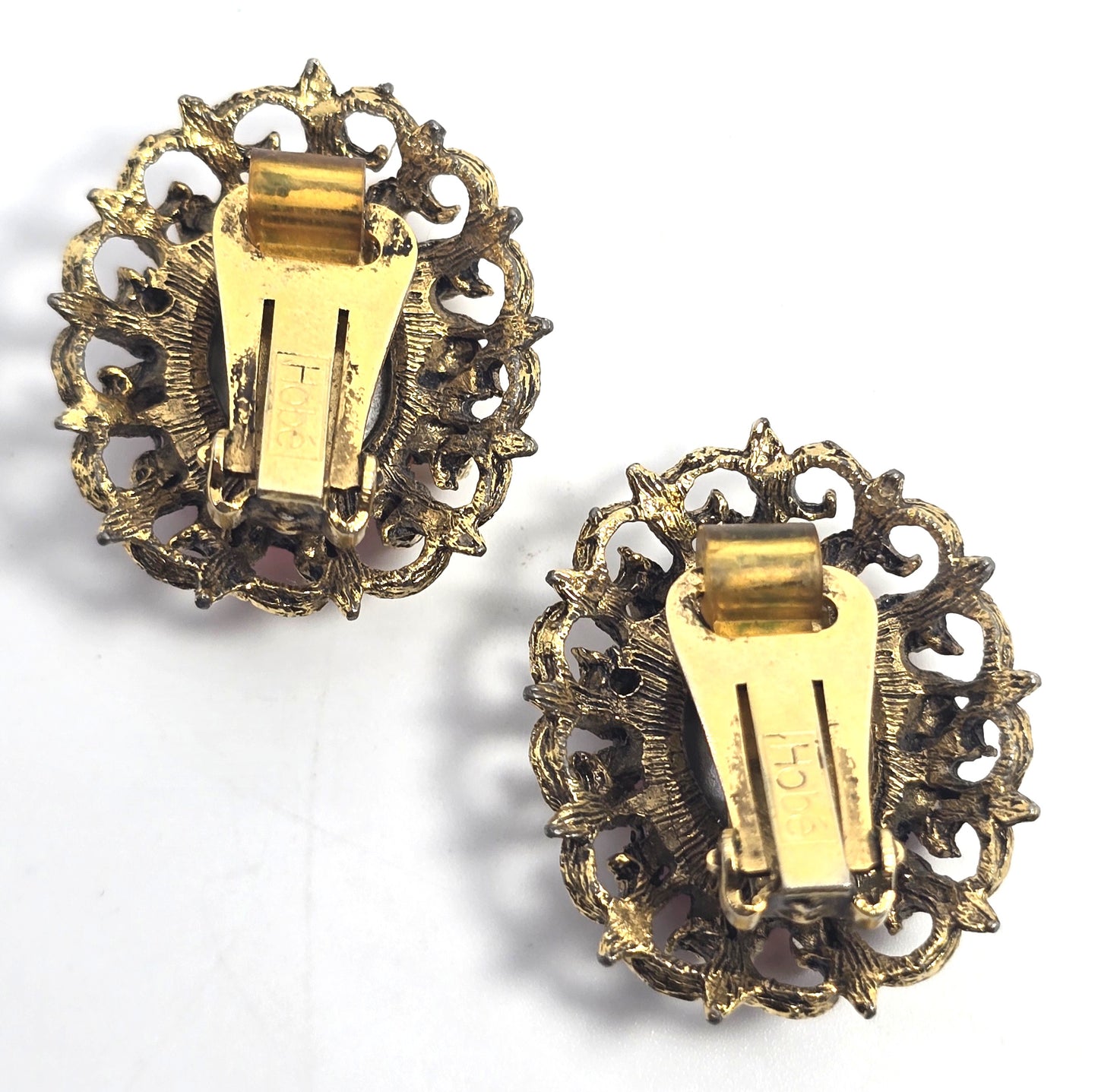 Hobe pink orange Aurora Borealis AB gold toned vintage rhinestone earrings