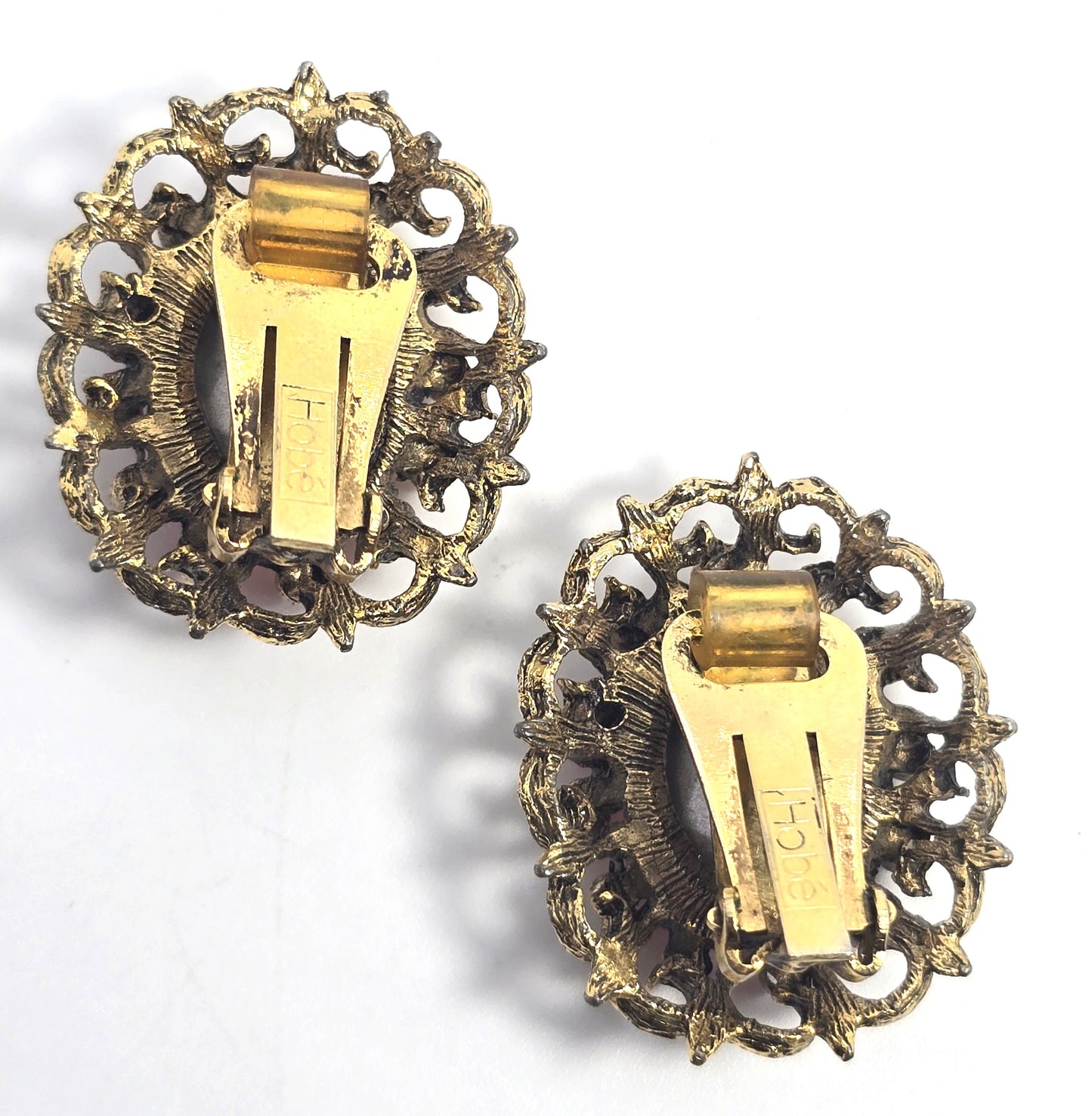 Hobe pink orange Aurora Borealis AB gold toned vintage rhinestone earrings