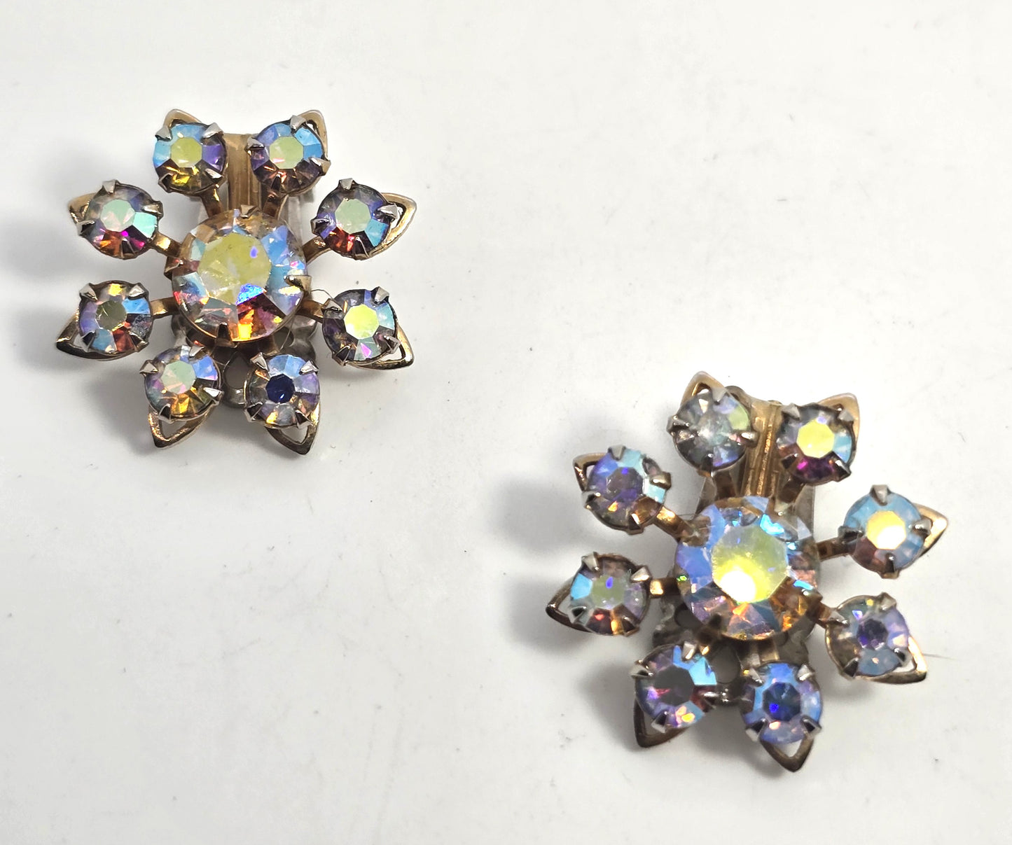 Rainbow aurora borealis rhinestone gold toned clip on vintage earrings