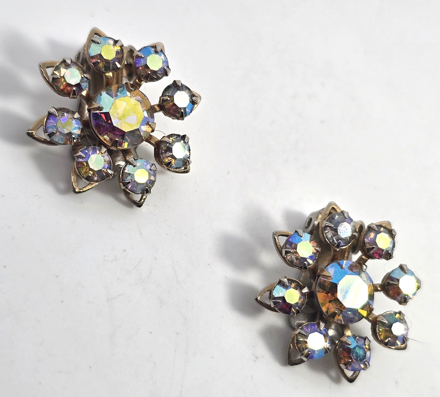 Rainbow aurora borealis rhinestone gold toned clip on vintage earrings