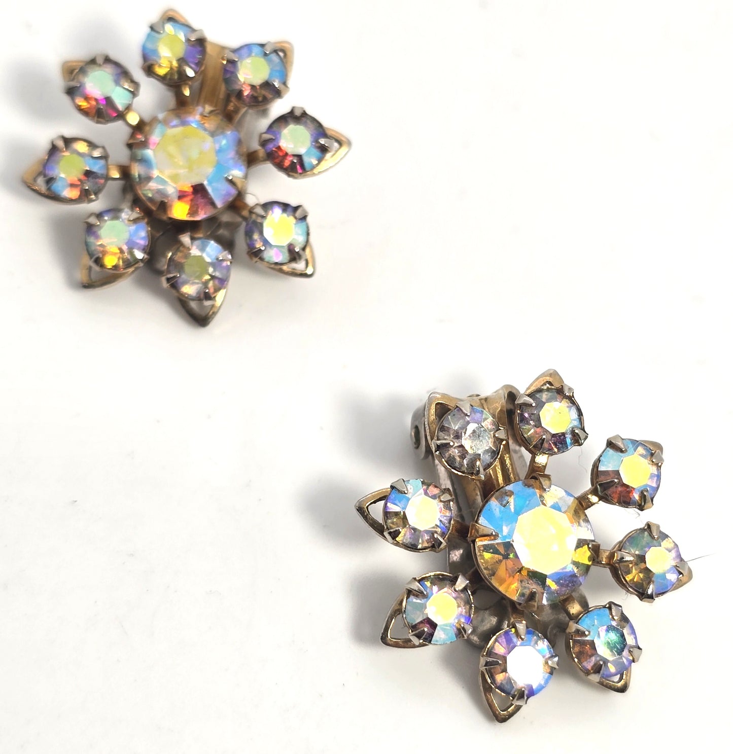 Rainbow aurora borealis rhinestone gold toned clip on vintage earrings