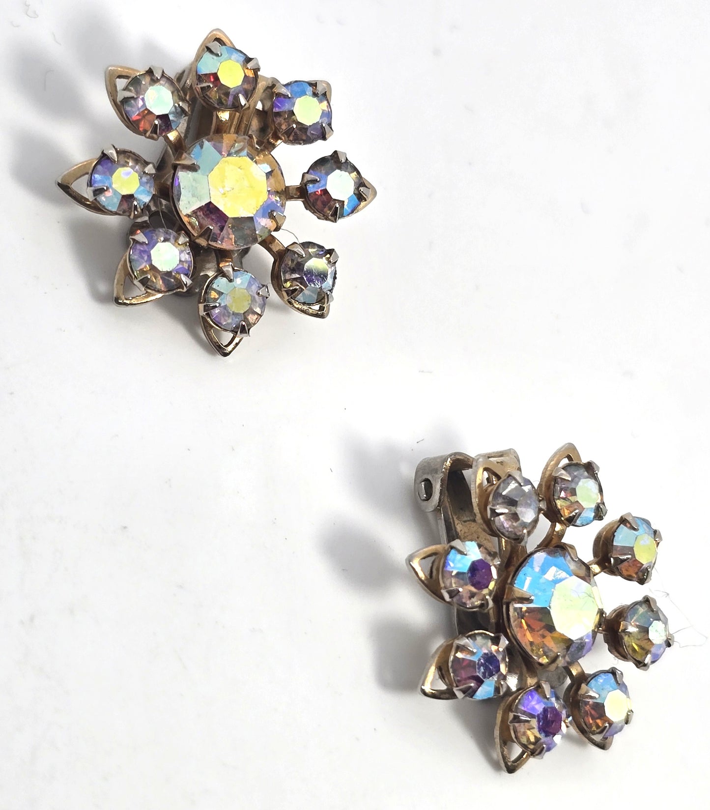 Rainbow aurora borealis rhinestone gold toned clip on vintage earrings