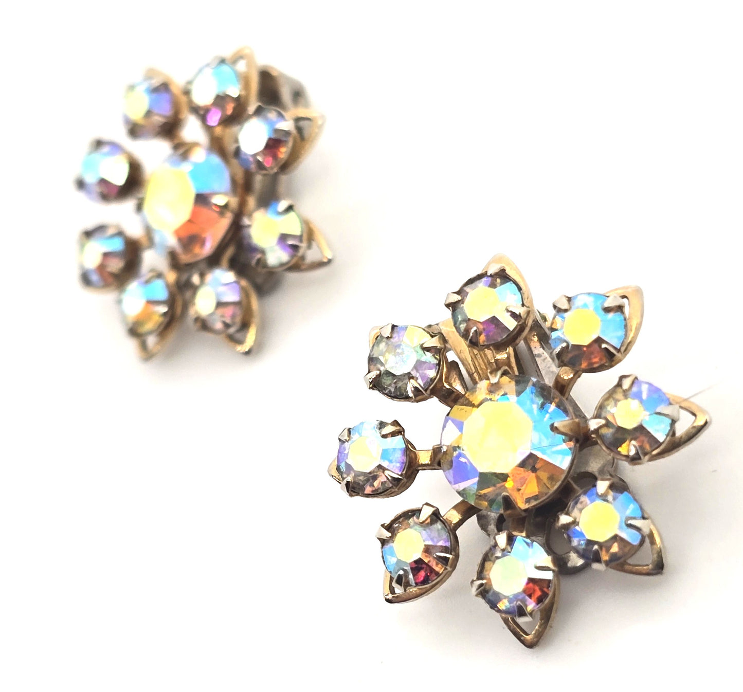 Rainbow aurora borealis rhinestone gold toned clip on vintage earrings