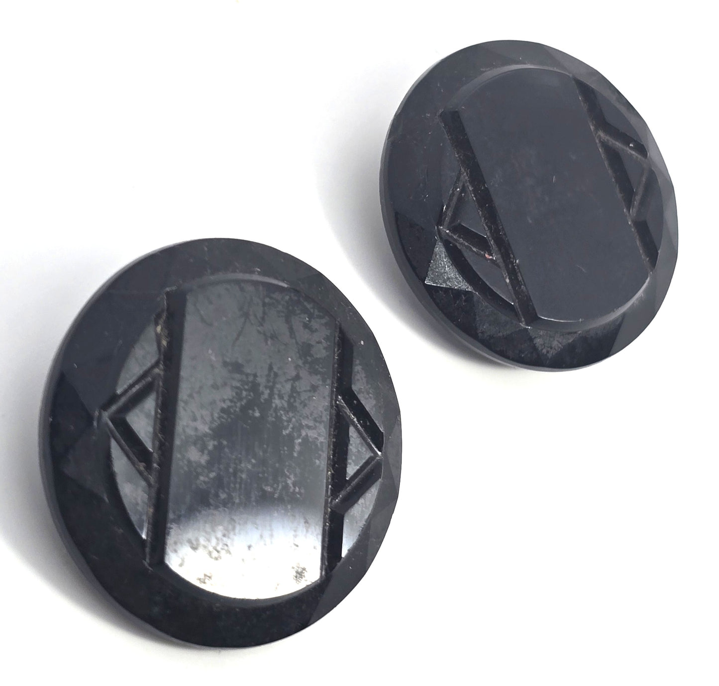 West Germany black Mourning glass carved antique signed clip on earrings