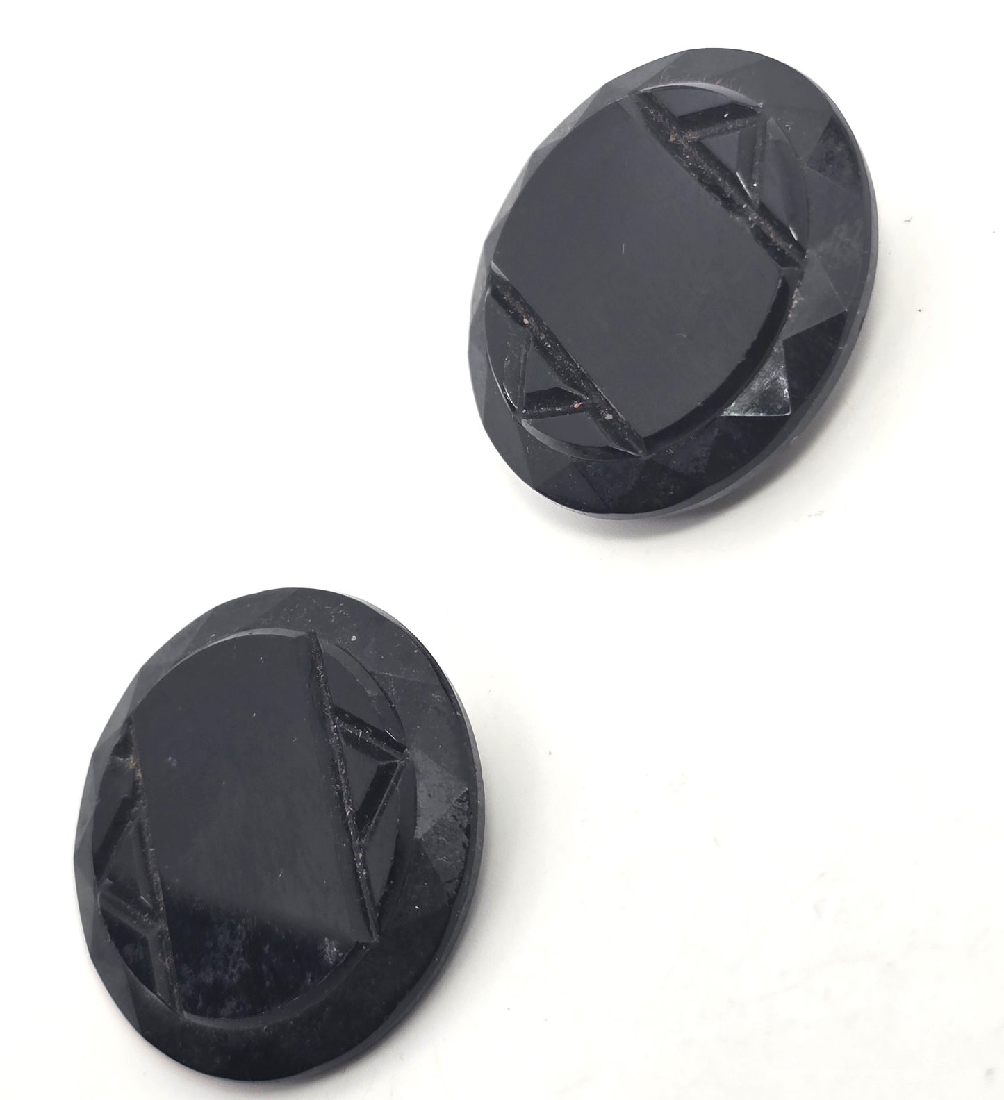 West Germany black Mourning glass carved antique signed clip on earrings