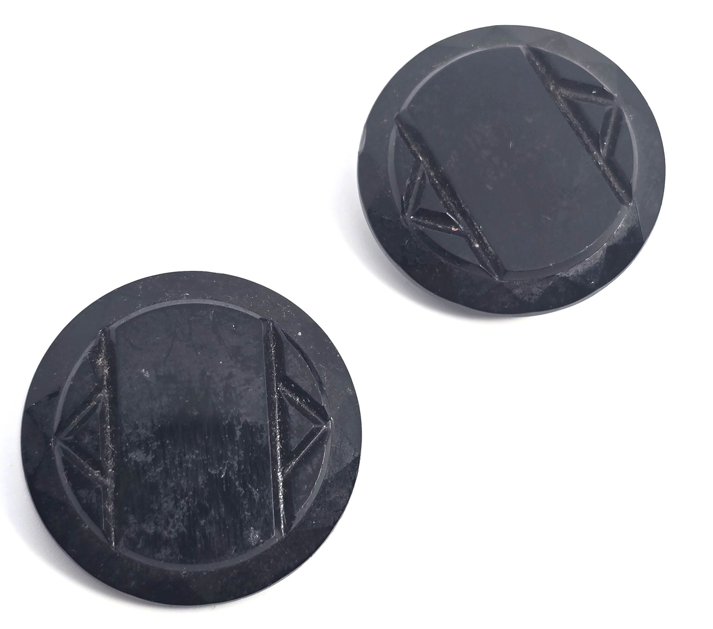 West Germany black Mourning glass carved antique signed clip on earrings