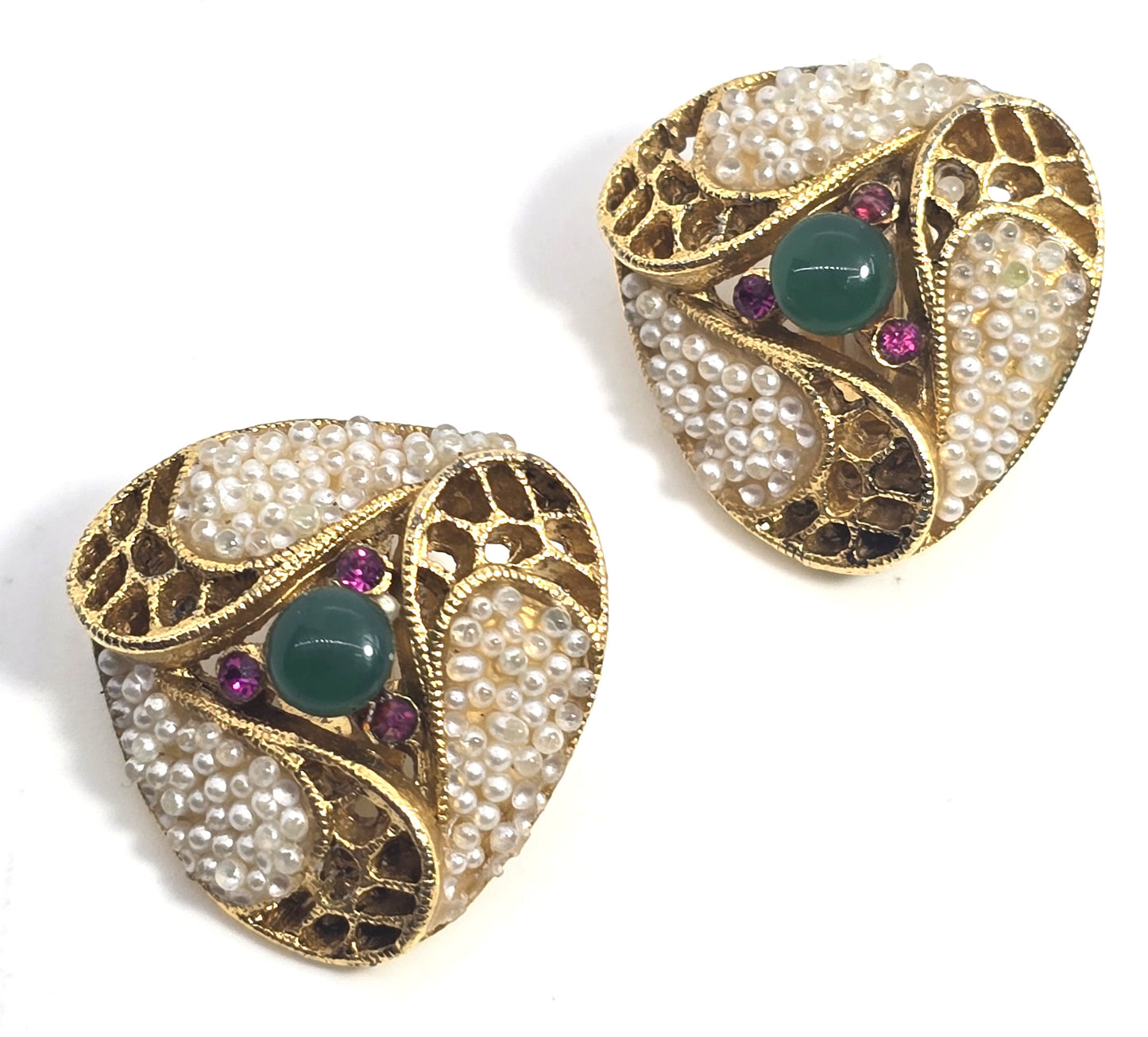BSK signed faux pearl pink green rhinestone vintage gold toned clip on earrings