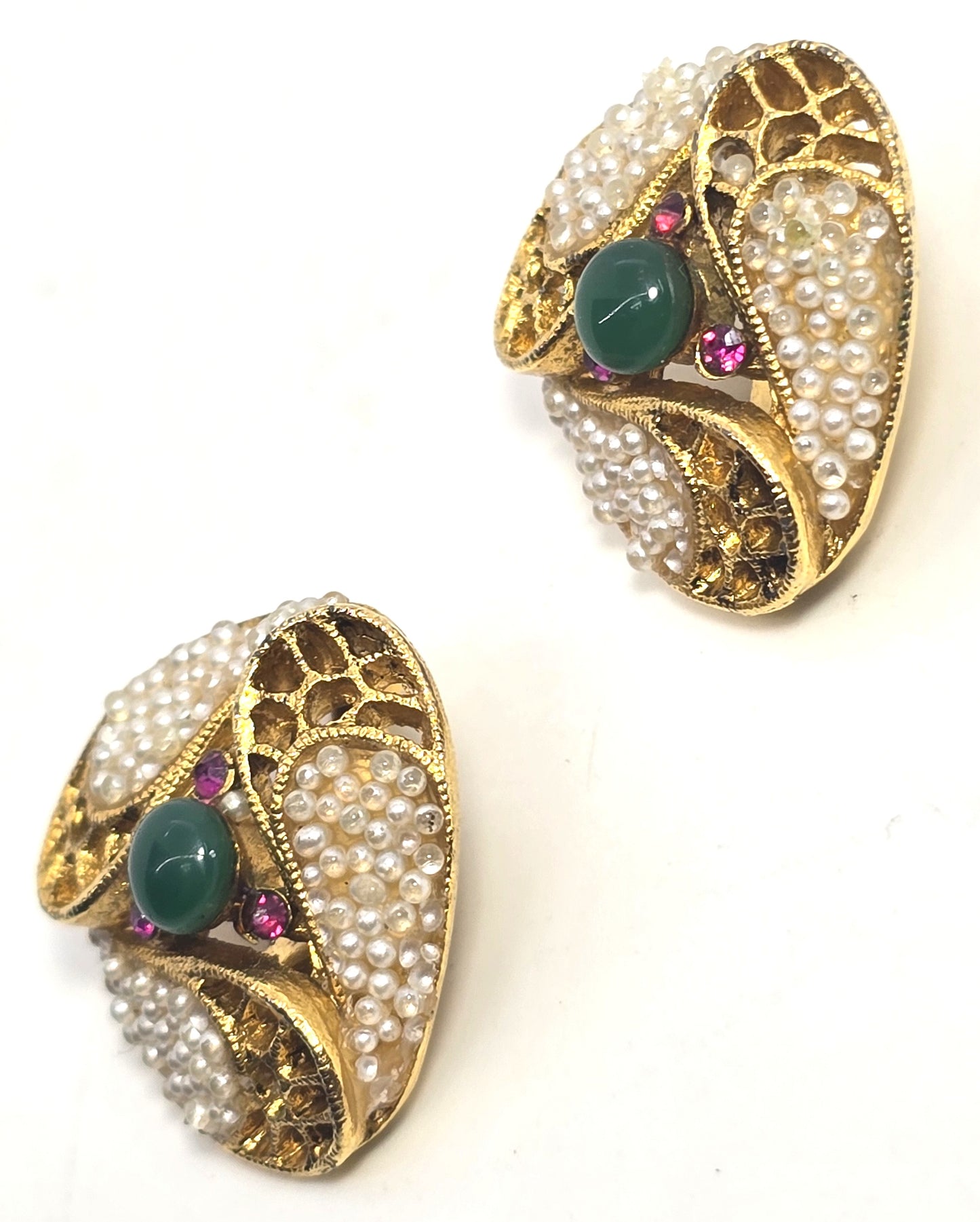 BSK signed faux pearl pink green rhinestone vintage gold toned clip on earrings