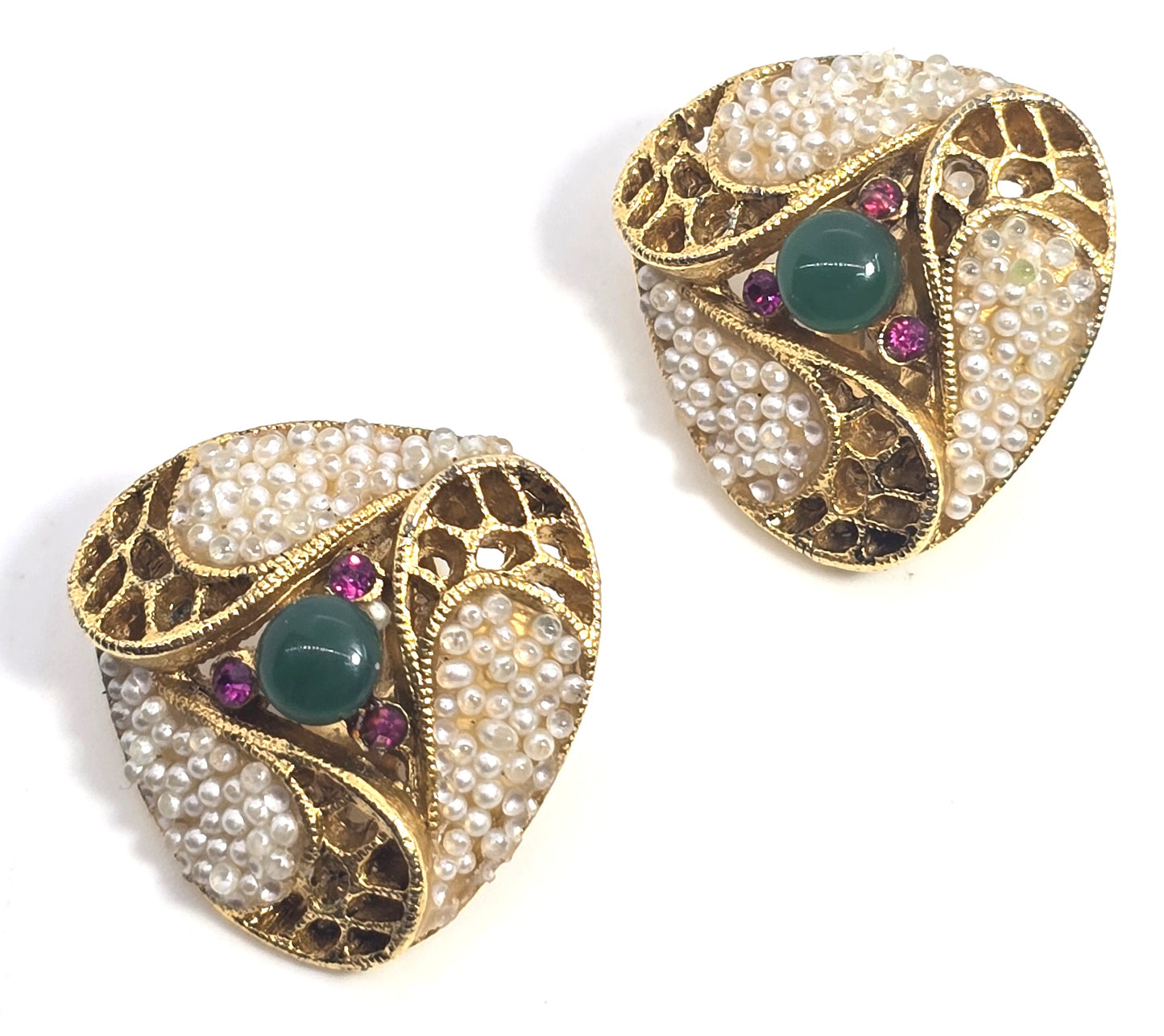BSK signed faux pearl pink green rhinestone vintage gold toned clip on earrings