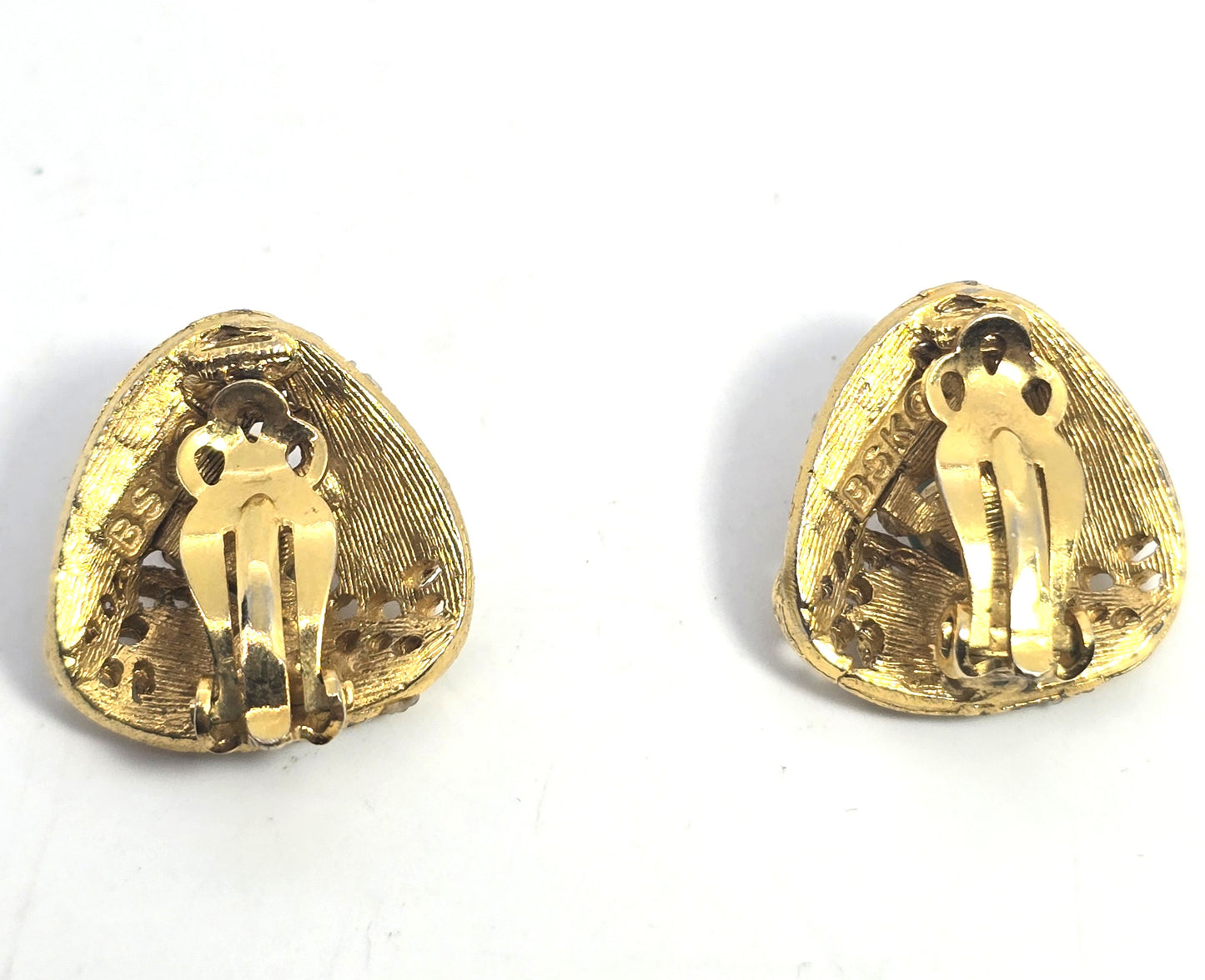 BSK signed faux pearl pink green rhinestone vintage gold toned clip on earrings