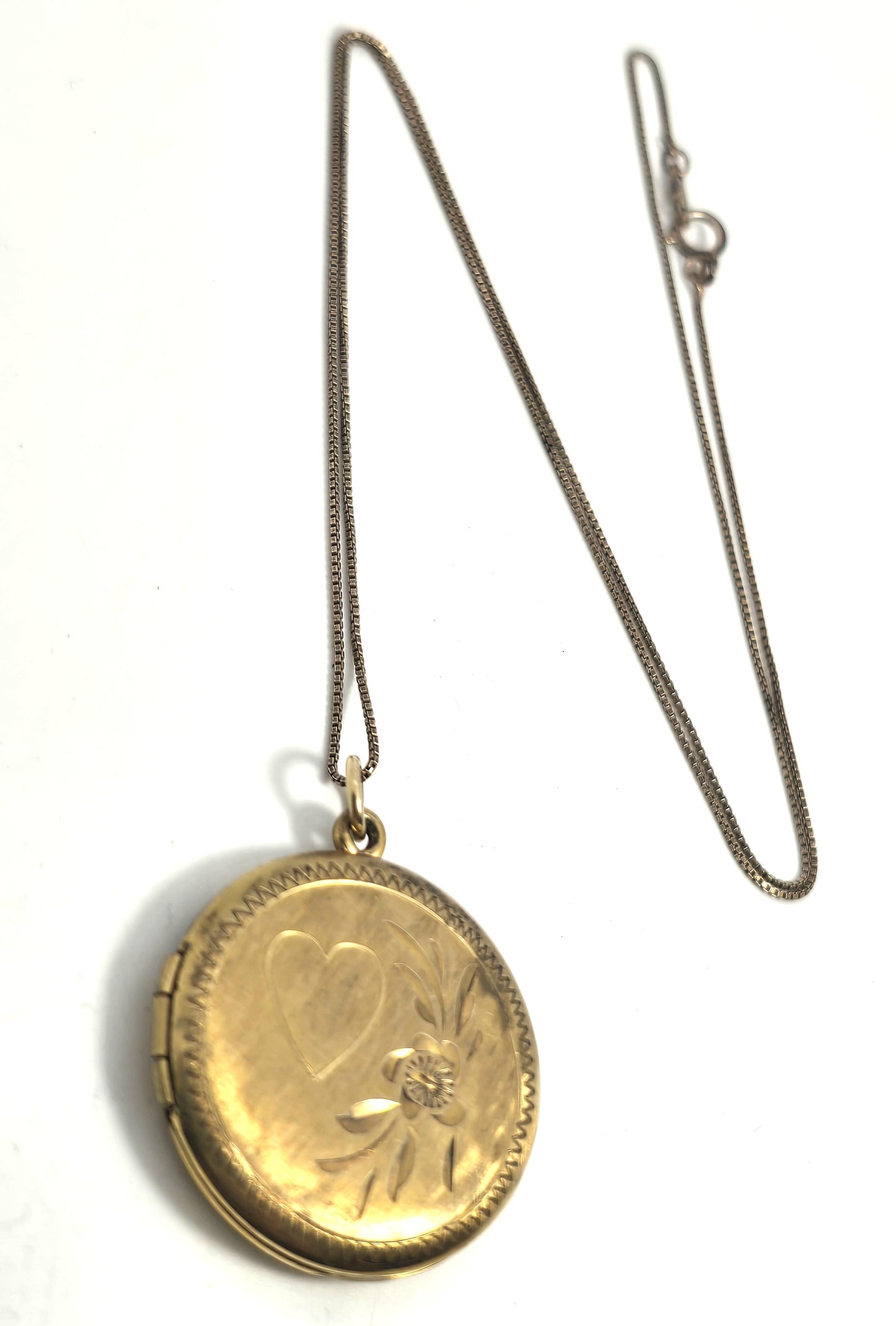 12k Gold filled etched heart and flower locket mid century photo necklace