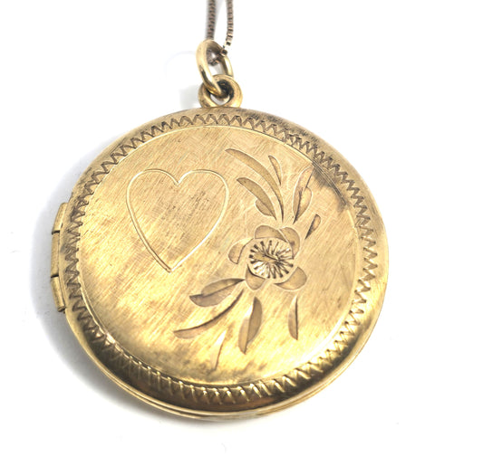 12k Gold filled etched heart and flower locket mid century photo necklace