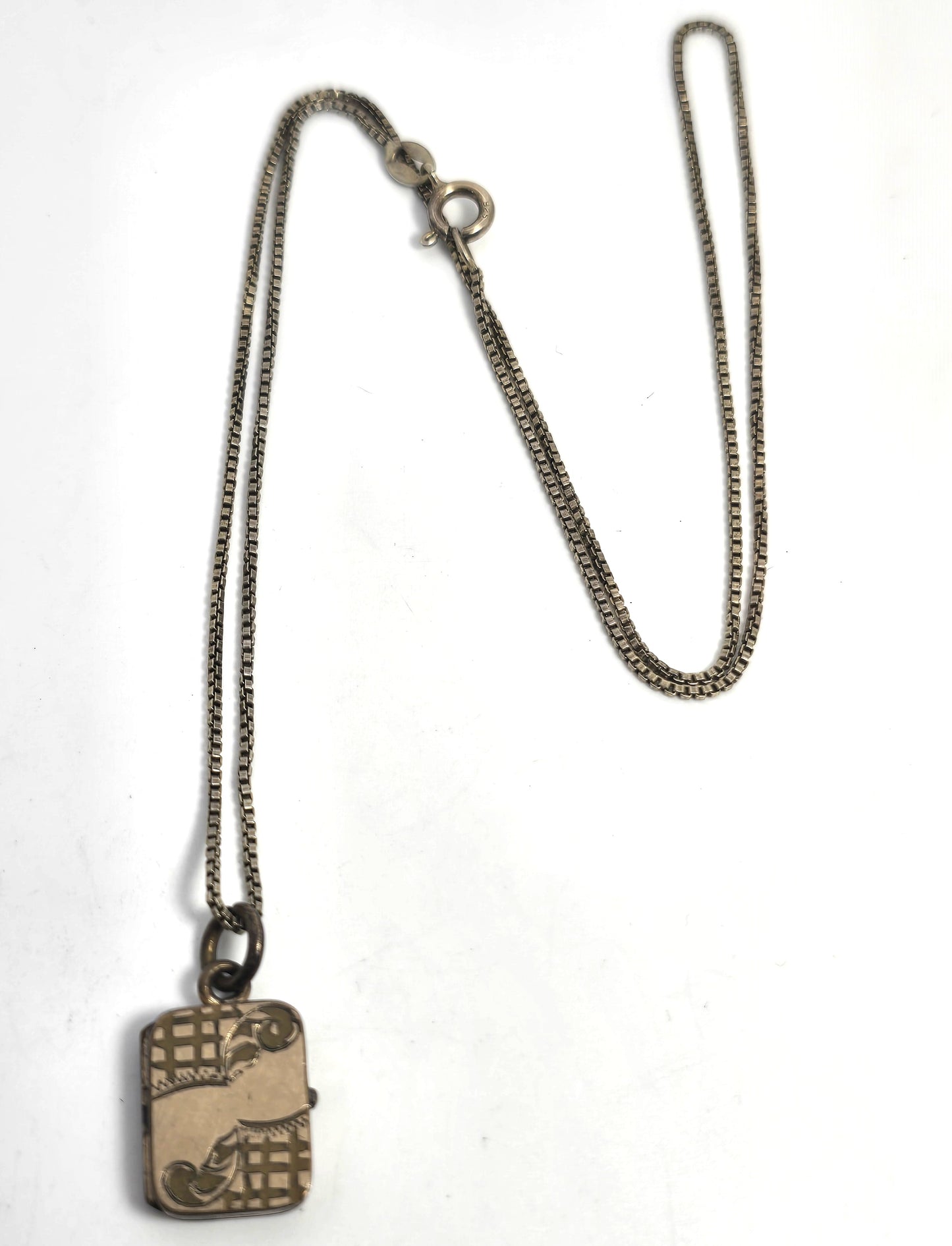 Art Deco gold filled etched box photo locket necklace with sterling chain