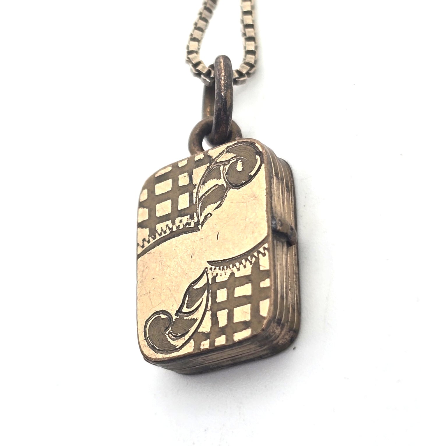 Art Deco gold filled etched box photo locket necklace with sterling chain