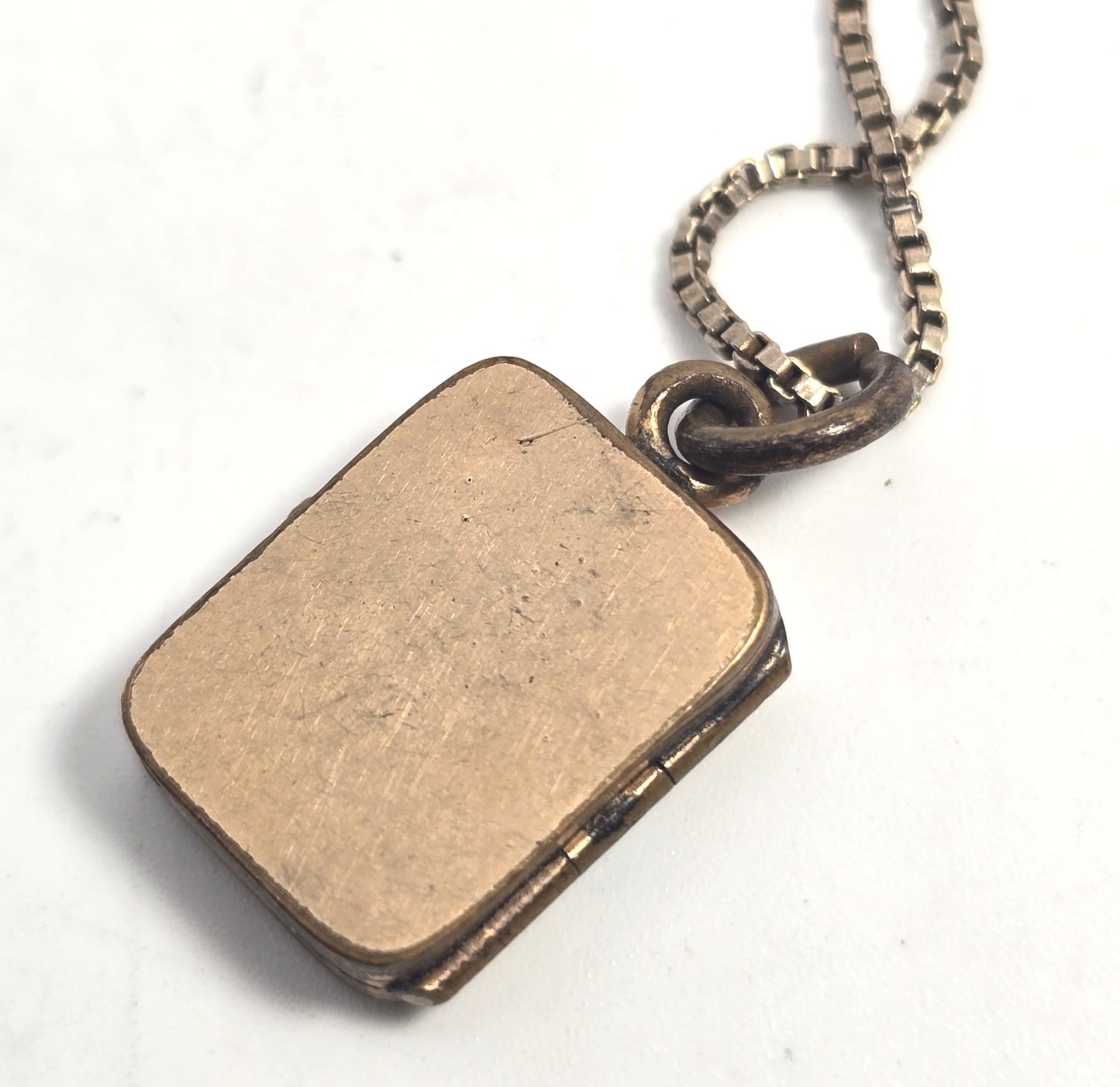 Art Deco gold filled etched box photo locket necklace with sterling chain