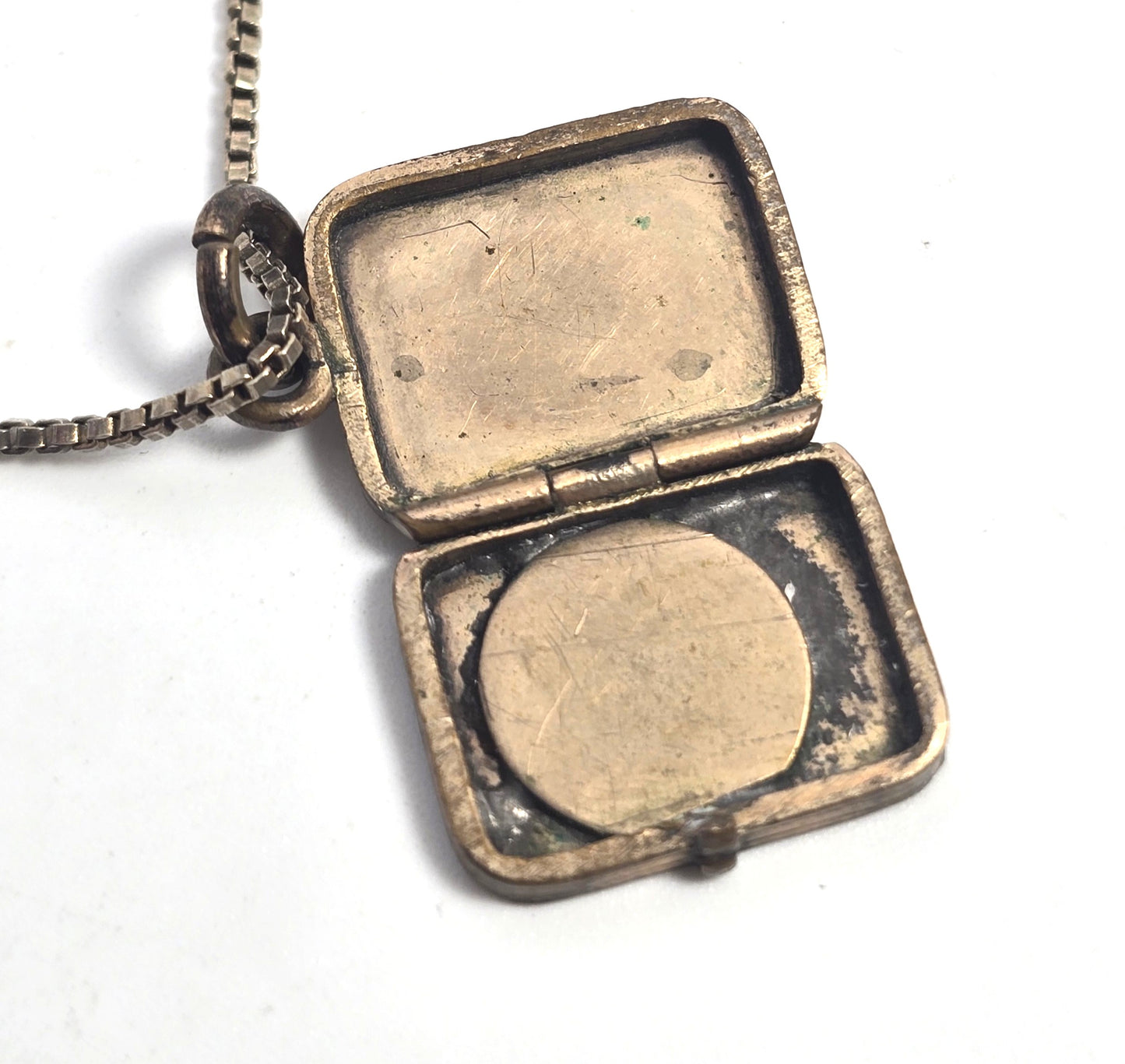 Art Deco gold filled etched box photo locket necklace with sterling chain