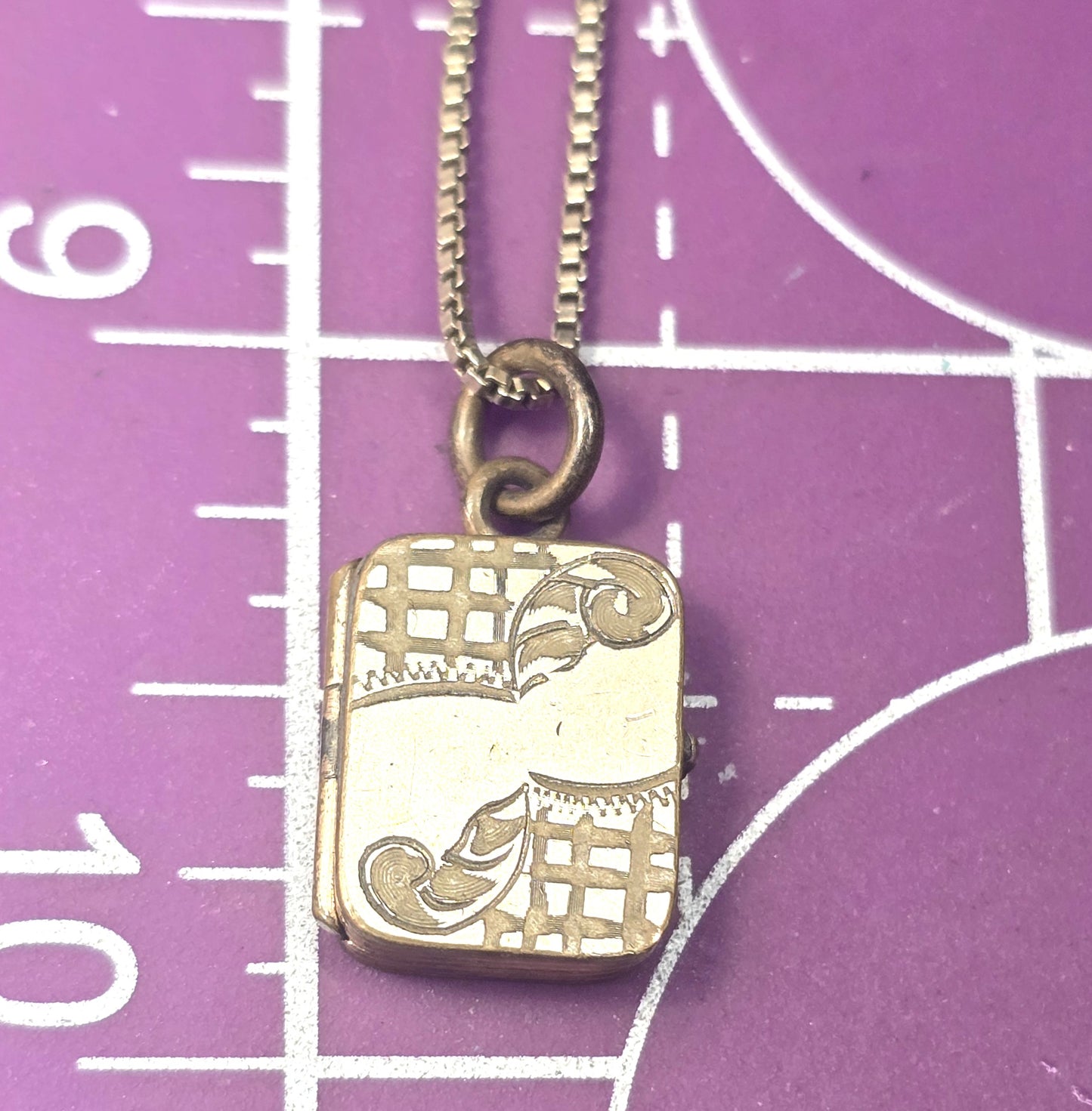 Art Deco gold filled etched box photo locket necklace with sterling chain