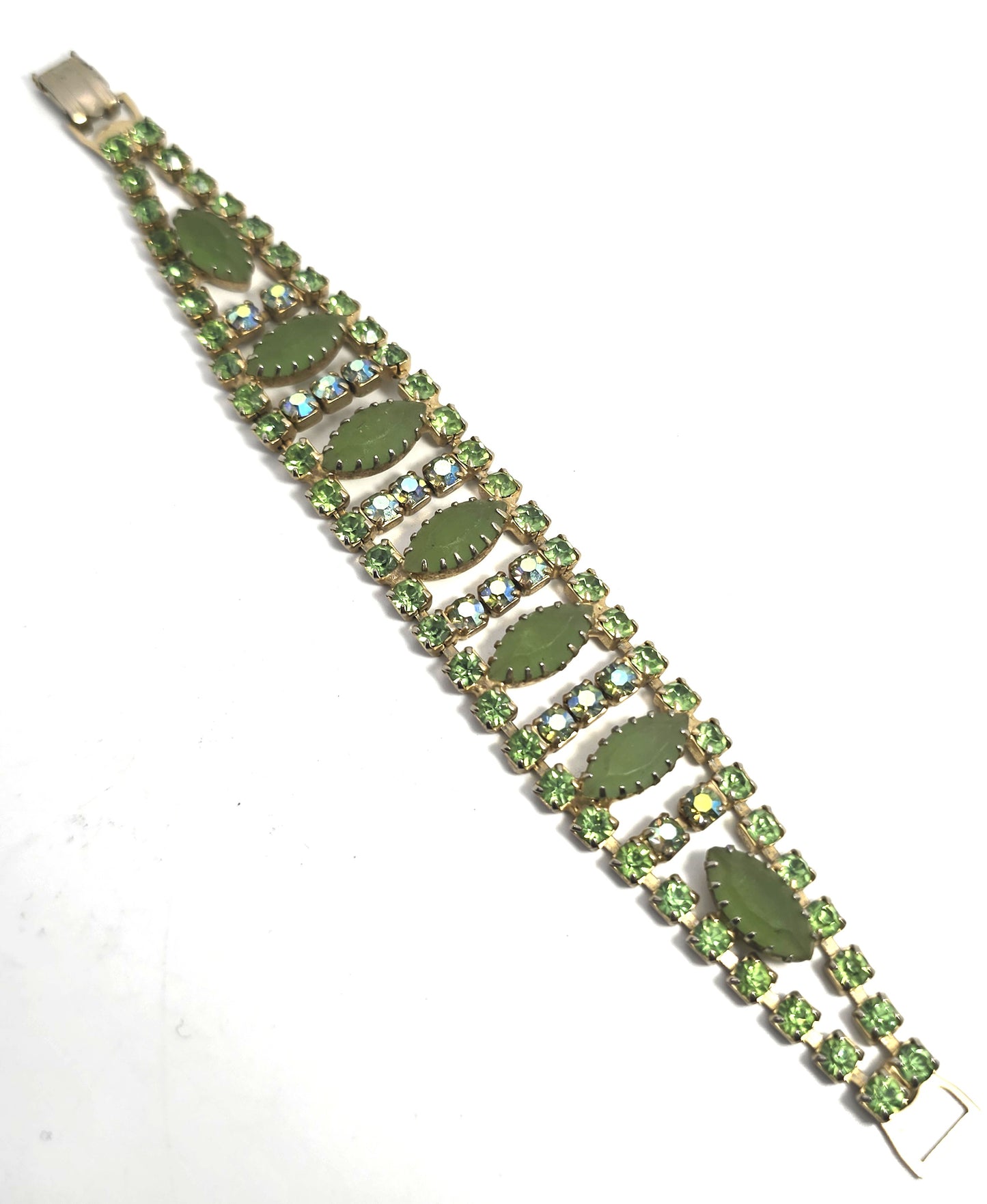 Green satin glass AB aurora borealis rhinestone prong set vintage bracelet