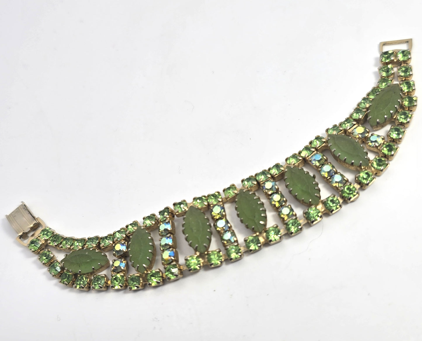 Green satin glass AB aurora borealis rhinestone prong set vintage bracelet