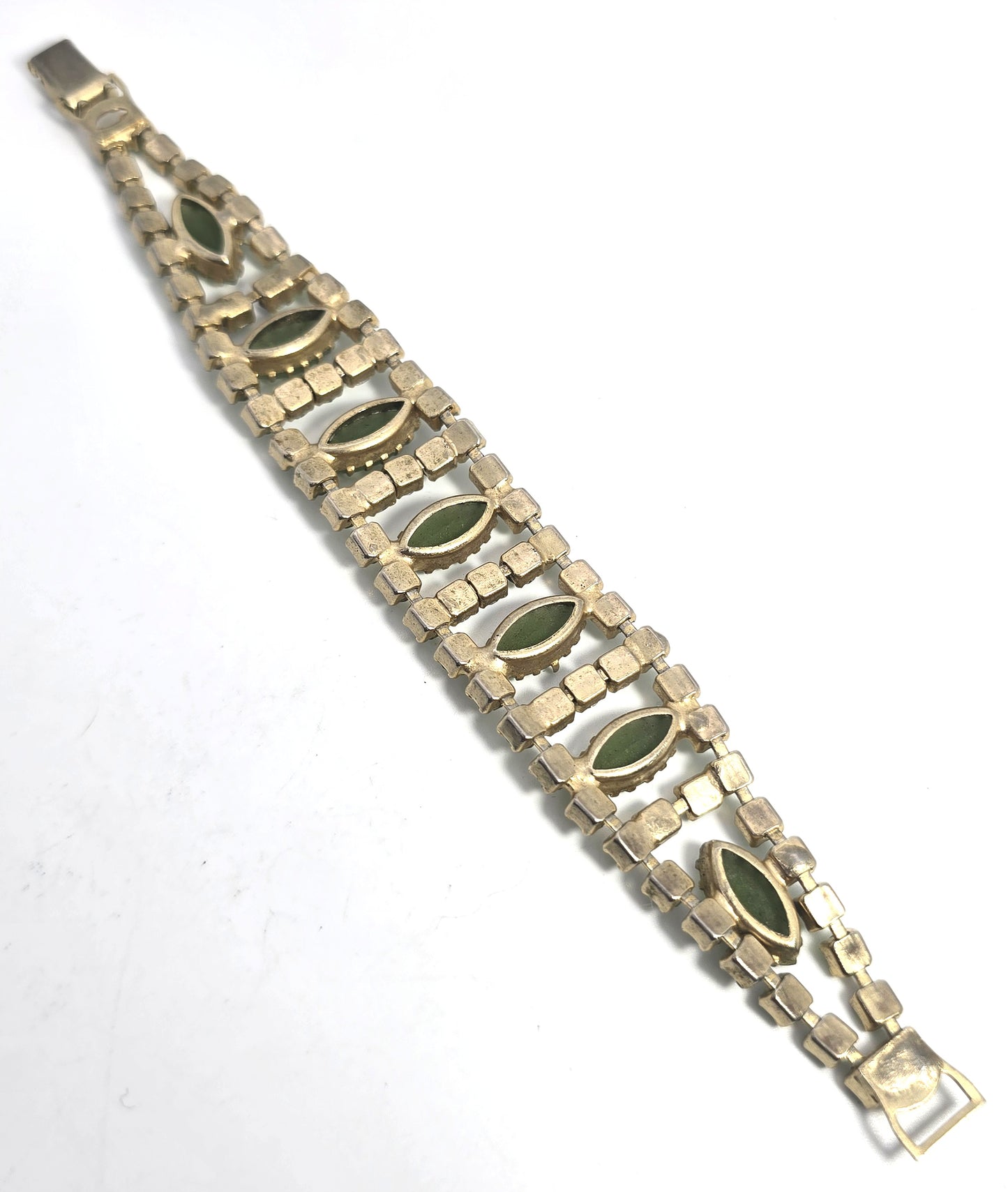 Green satin glass AB aurora borealis rhinestone prong set vintage bracelet